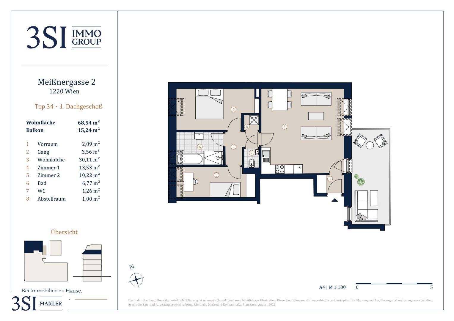 Detaillierter Grundriss der Dachgeschosswohnung mit 68,54 m² Wohnfläche und Balkon.
