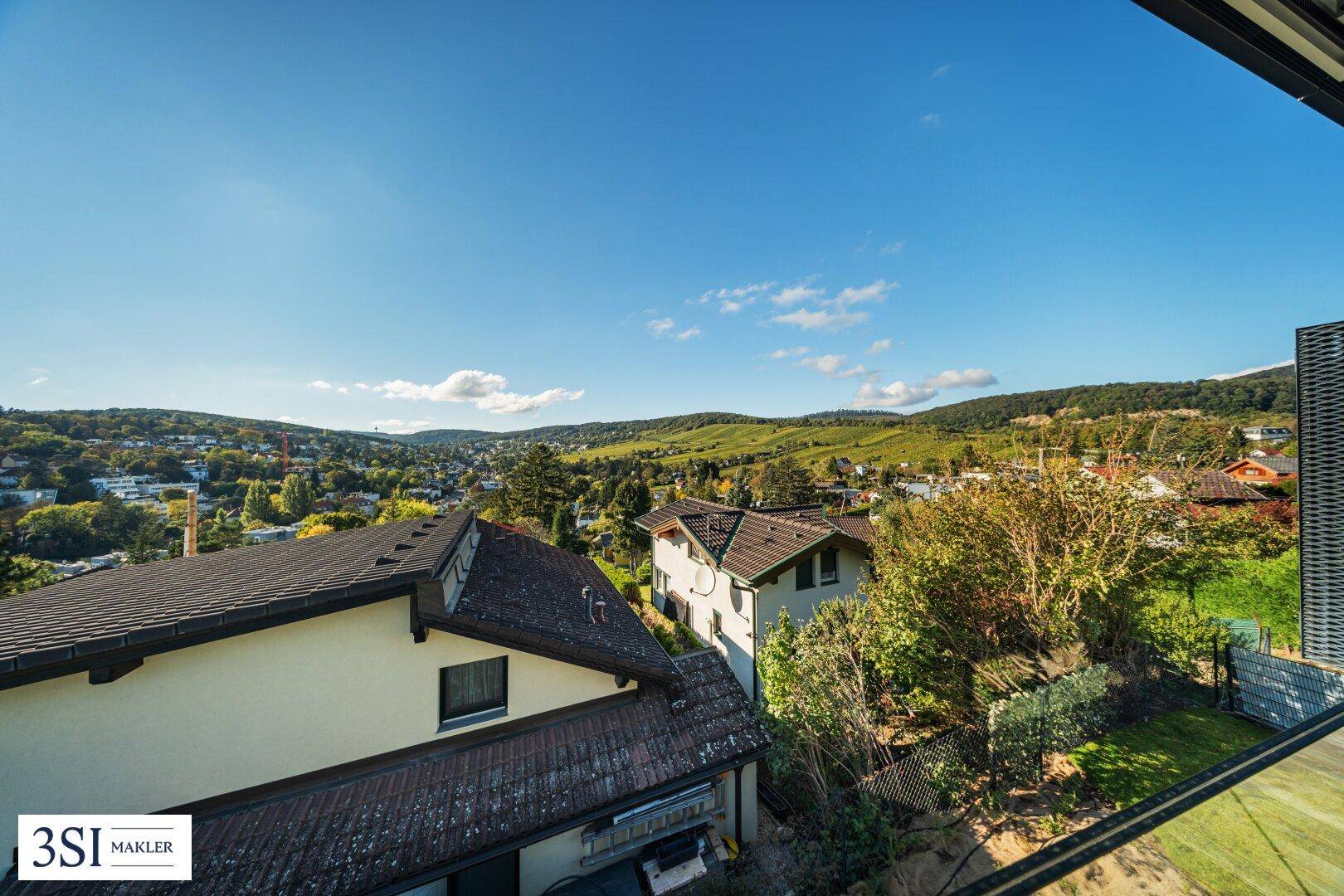Weitläufiger Blick über die umliegende Landschaft mit Weinbergen und Wohnhäusern.