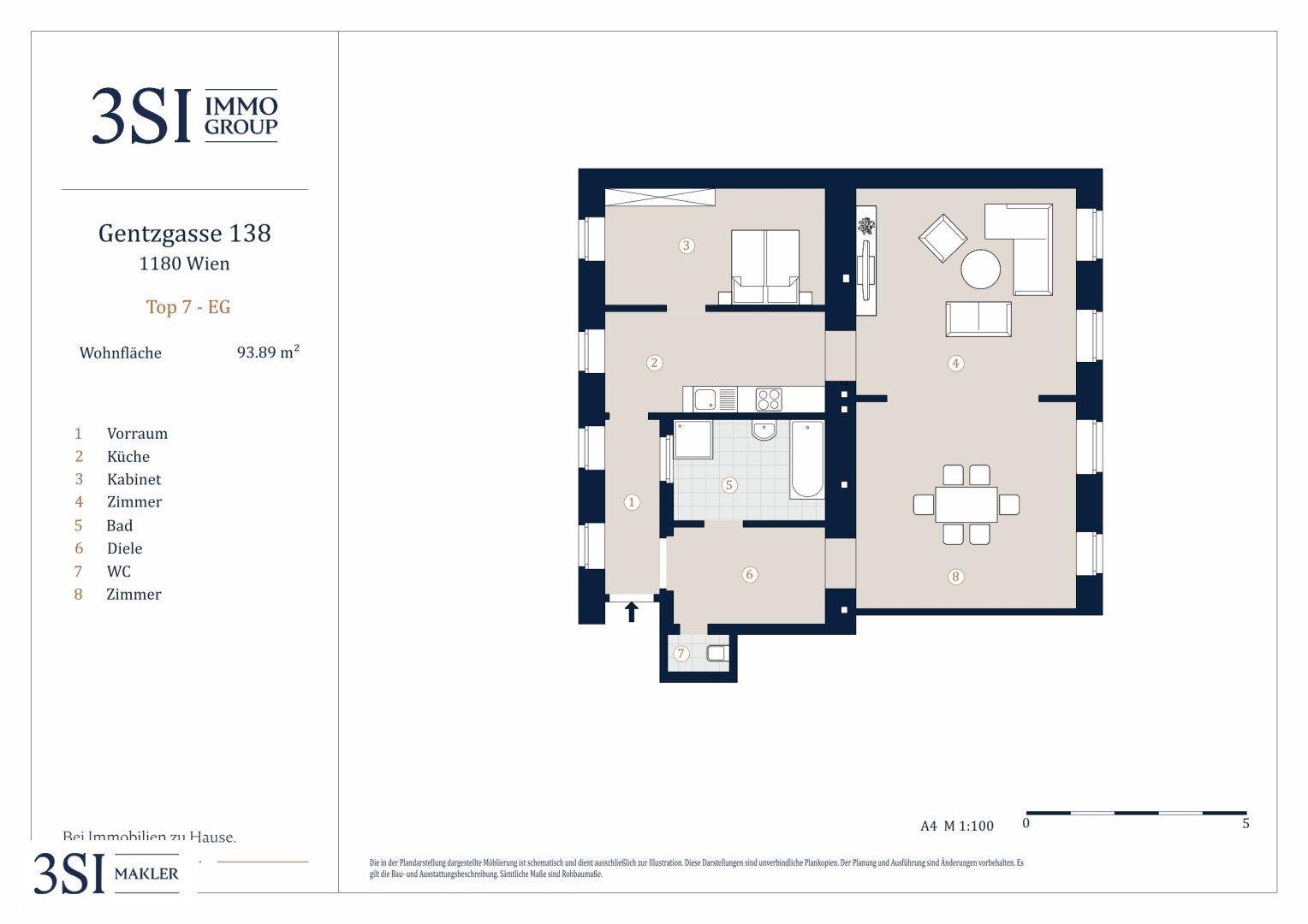 Grundriss einer Wohnung mit offenem Wohnbereich, Schlafzimmern und separatem WC.