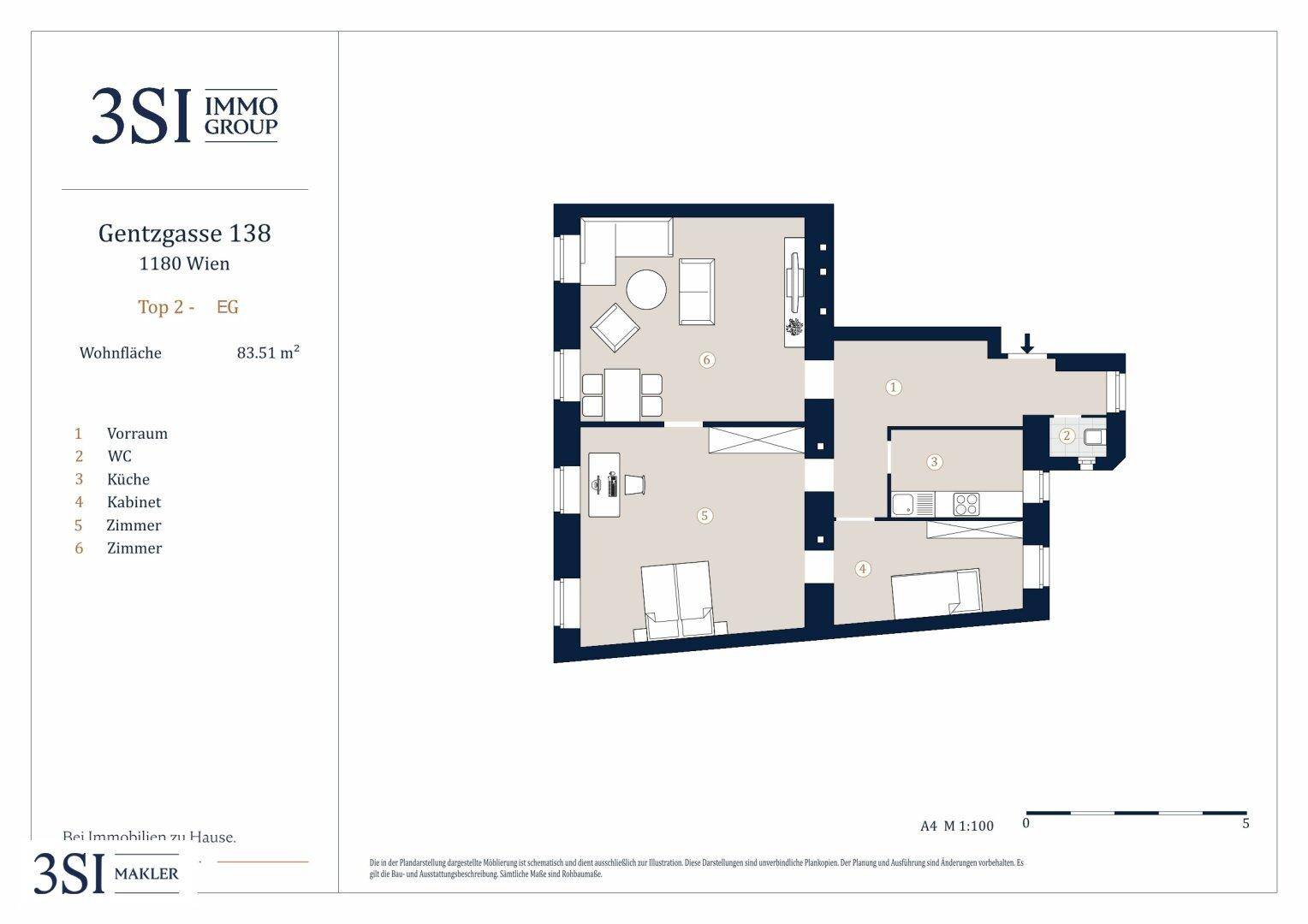 Grundriss der Wohnung Top 2 im Erdgeschoss mit einer Wohnfläche von 83,51 m².