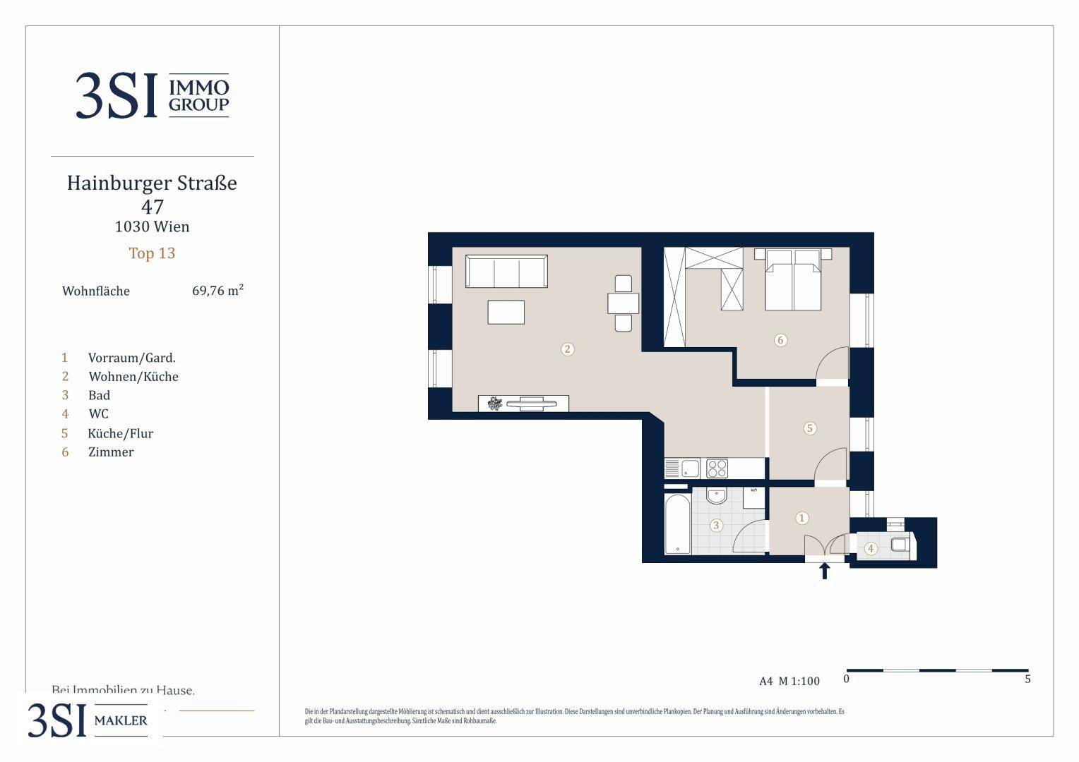 Detaillierter Grundriss einer Wohnung mit 69,76 m² Wohnfläche, inklusive Wohn-/Küchenbereich und Schlafzimmer.