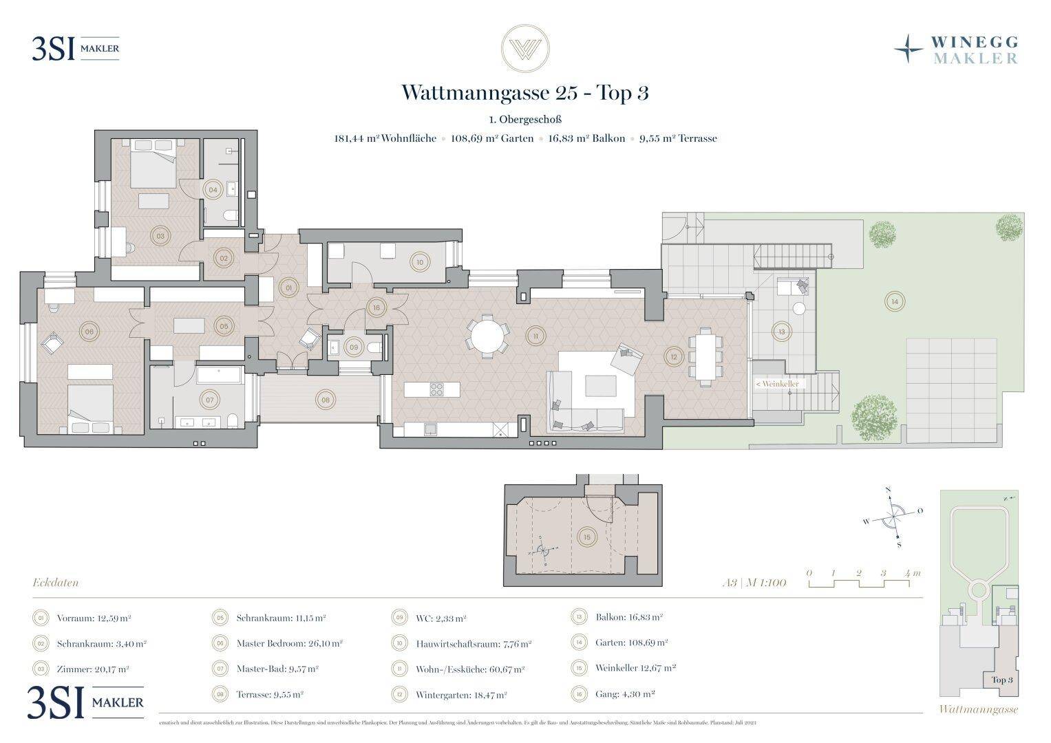 Detaillierter Grundriss einer Wohnung mit mehreren Zimmern, Balkon, Terrasse und Gartenanteil.