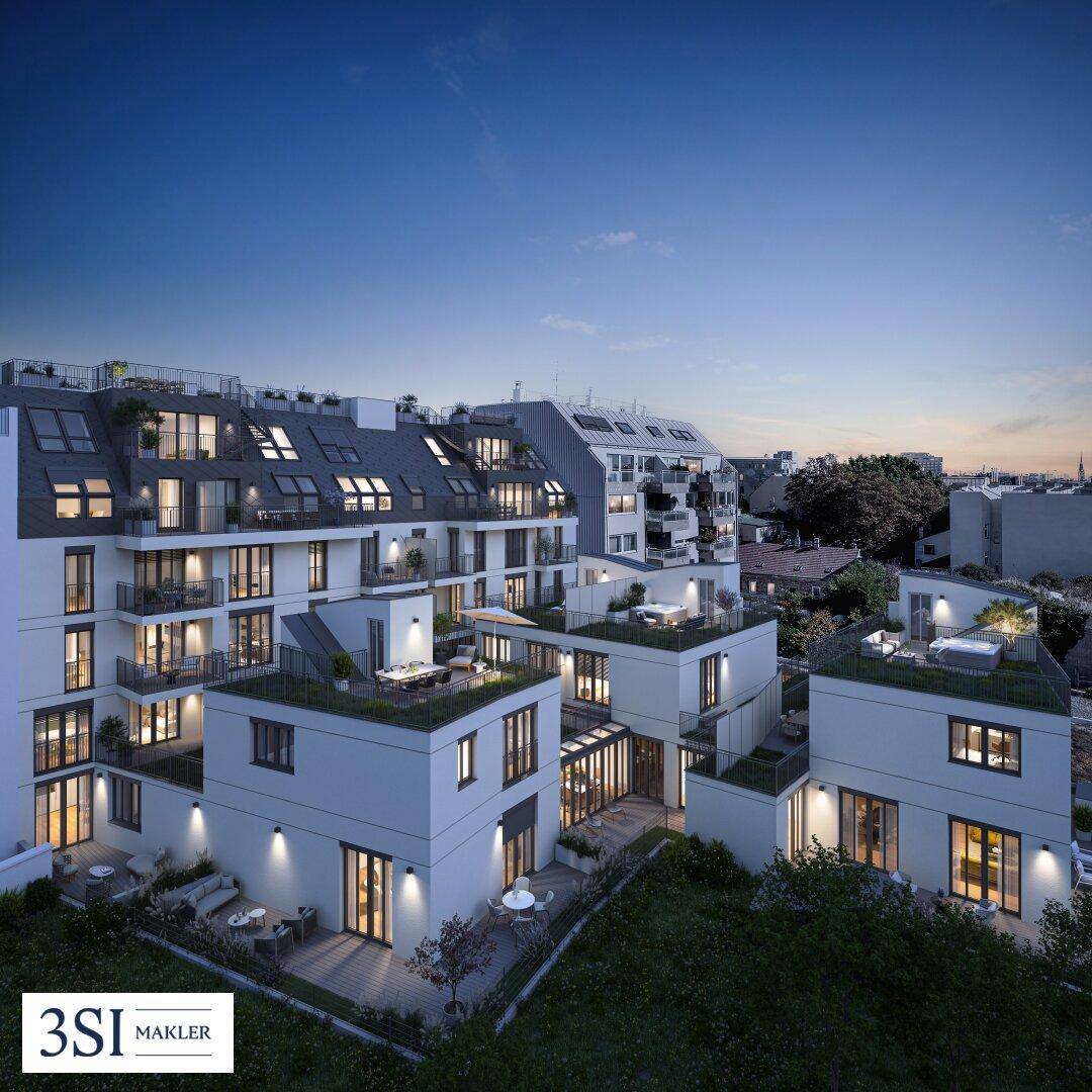 Abendliche Ansicht eines modernen Wohnkomplexes mit Terrassen und begrünten Dächern.