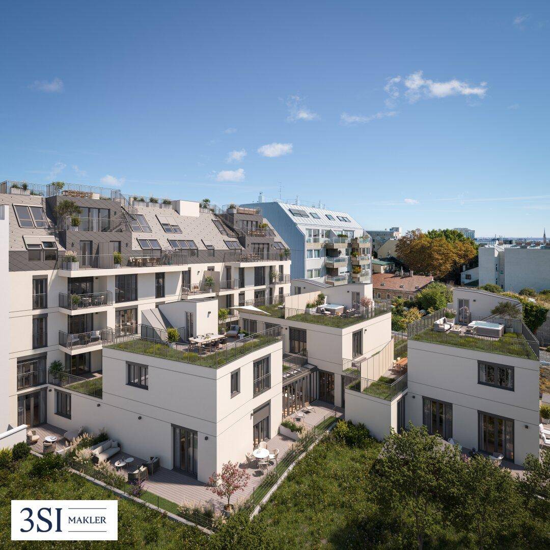 Tagesansicht eines modernen Wohnkomplexes mit Terrassen, begrünten Dächern und städtischem Umfeld.