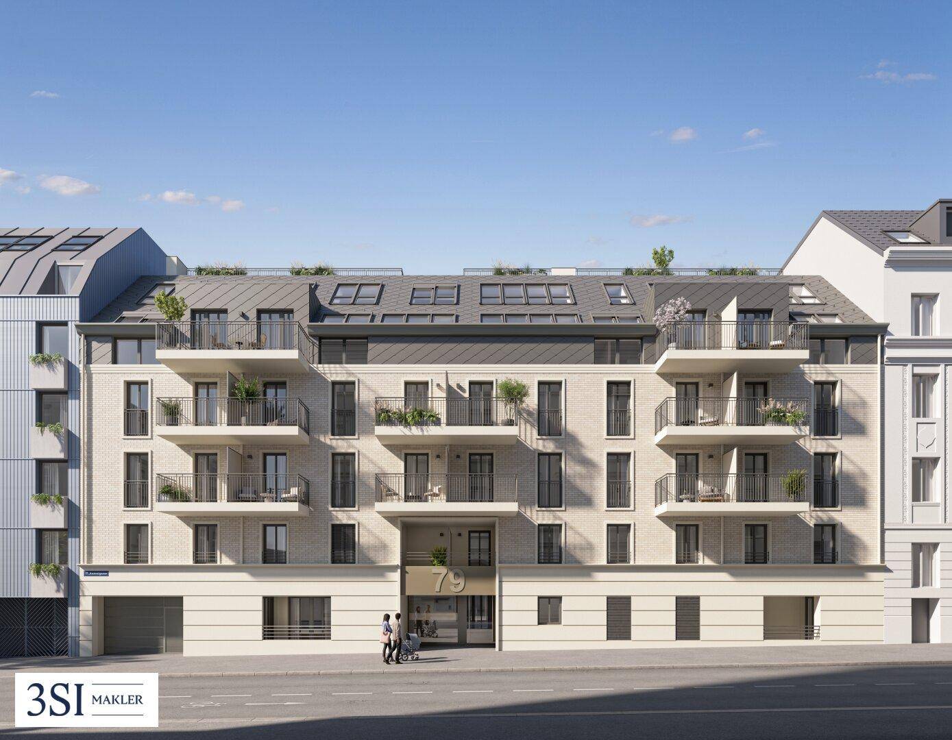 Moderne Wohnhausfassade mit Balkonen und großen Fenstern in städtischer Umgebung.