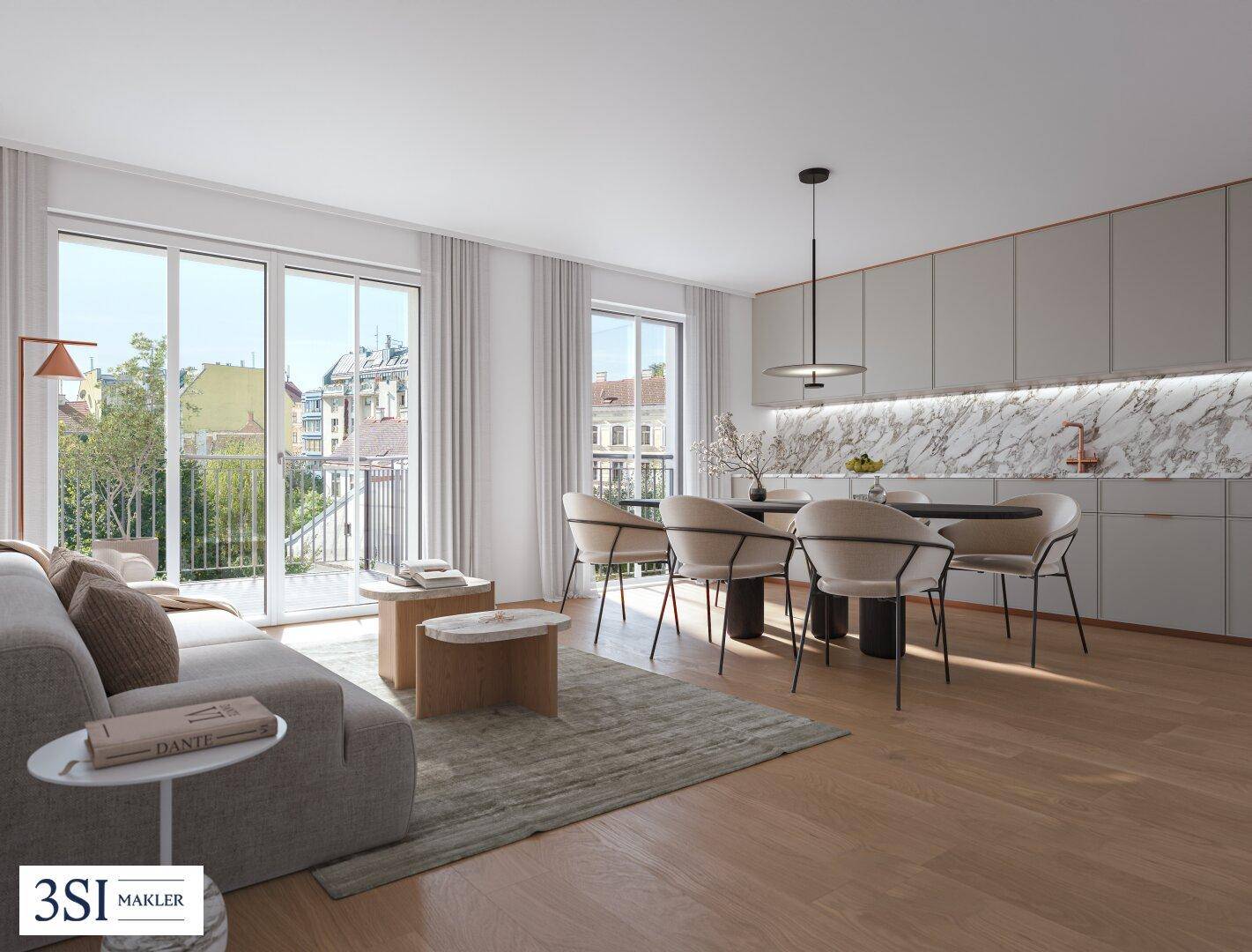 Moderner Wohn-Essbereich mit offener Küche, Holzboden und Zugang zum Balkon.