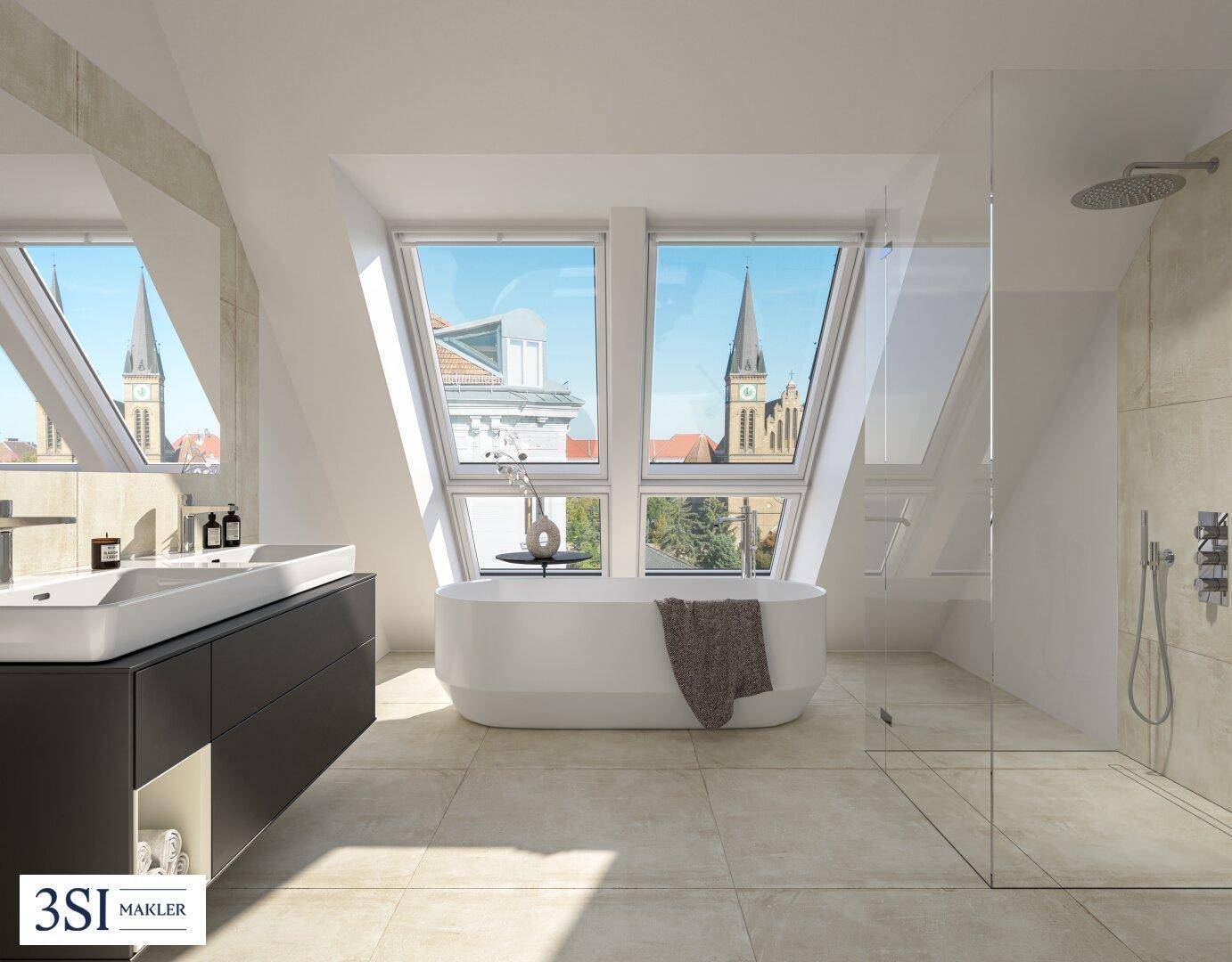 Modernes Badezimmer mit freistehender Badewanne, begehbarer Dusche und Dachfenstern mit Stadtblick.