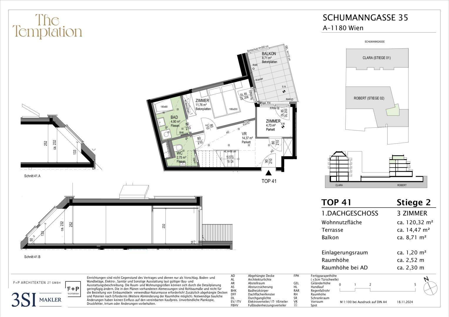 Grundriss des 1. Dachgeschosses mit Balkon, Terrasse und drei Zimmern.