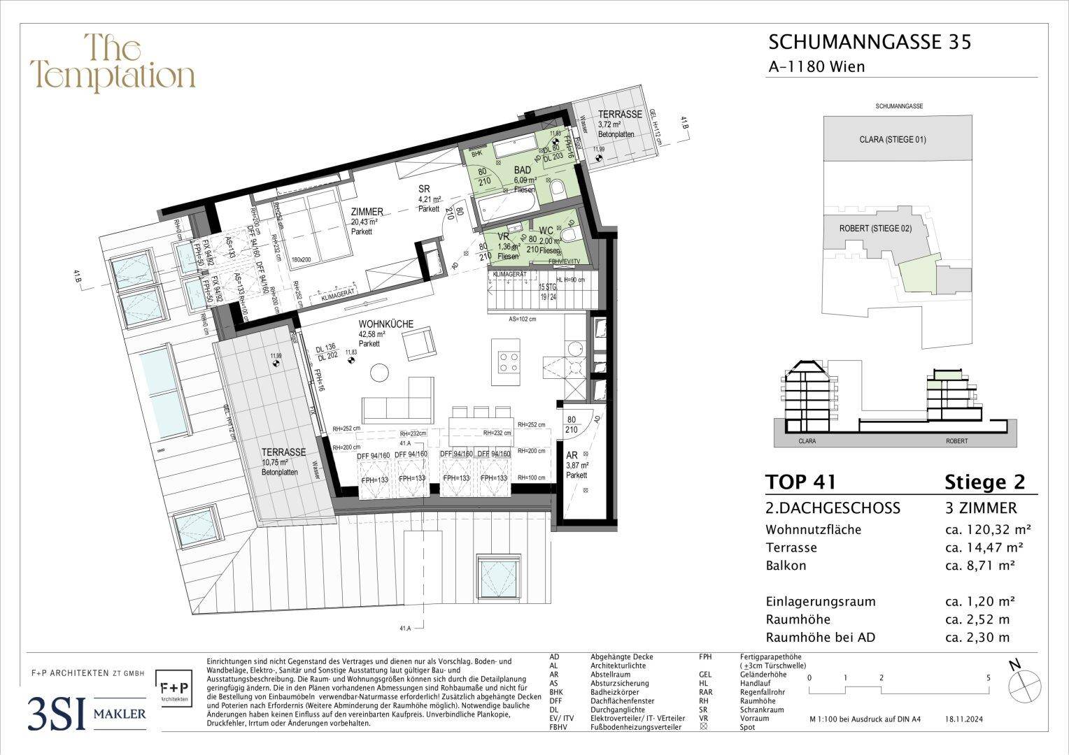 Grundriss des 2. Dachgeschosses mit zwei Terrassen und offenem Wohnküchenbereich.