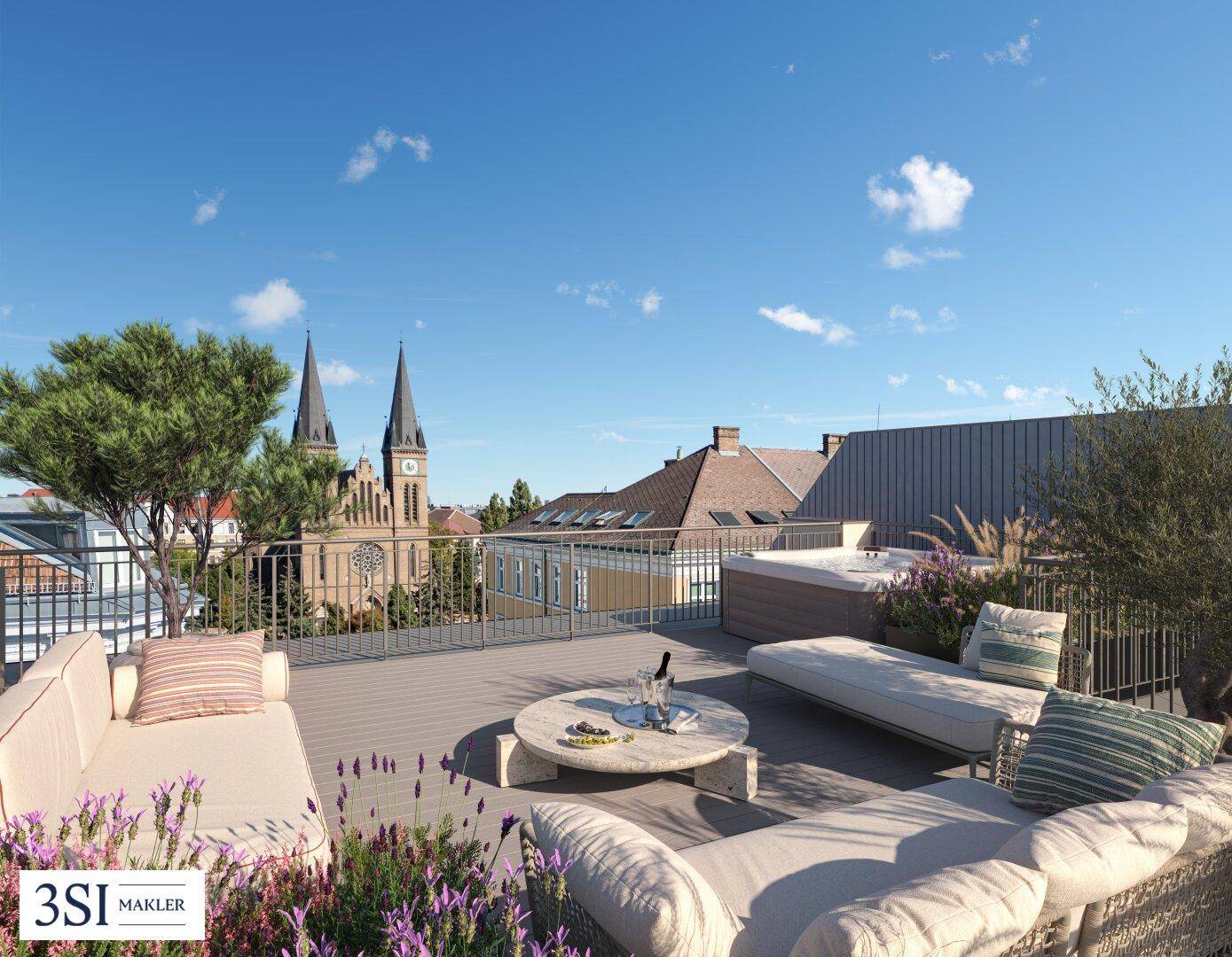 Geräumige Dachterrasse mit Lounge-Möbeln, Whirlpool und Blick auf eine Kirche.
