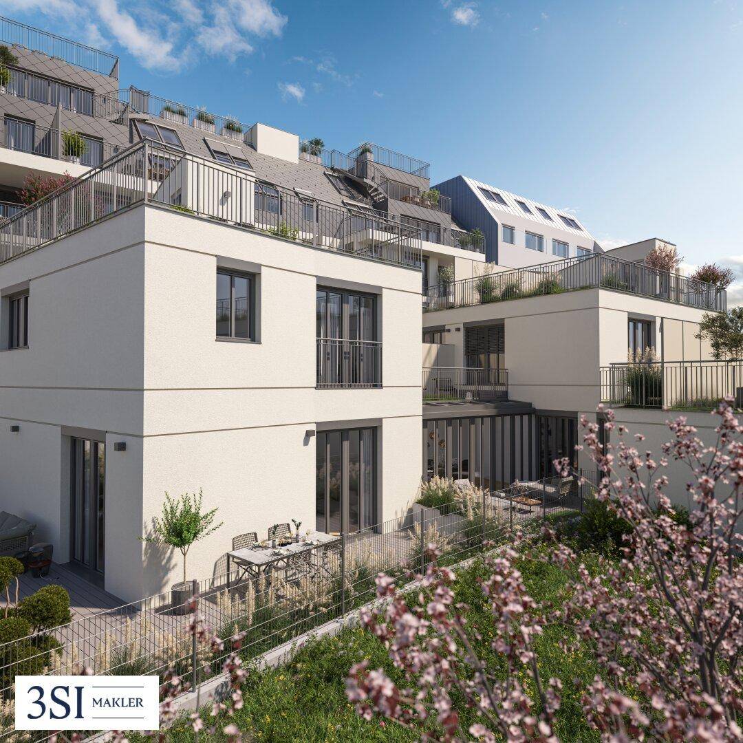 Moderne Reihenhäuser mit privaten Gärten, Terrassen und grüner Umgebung.