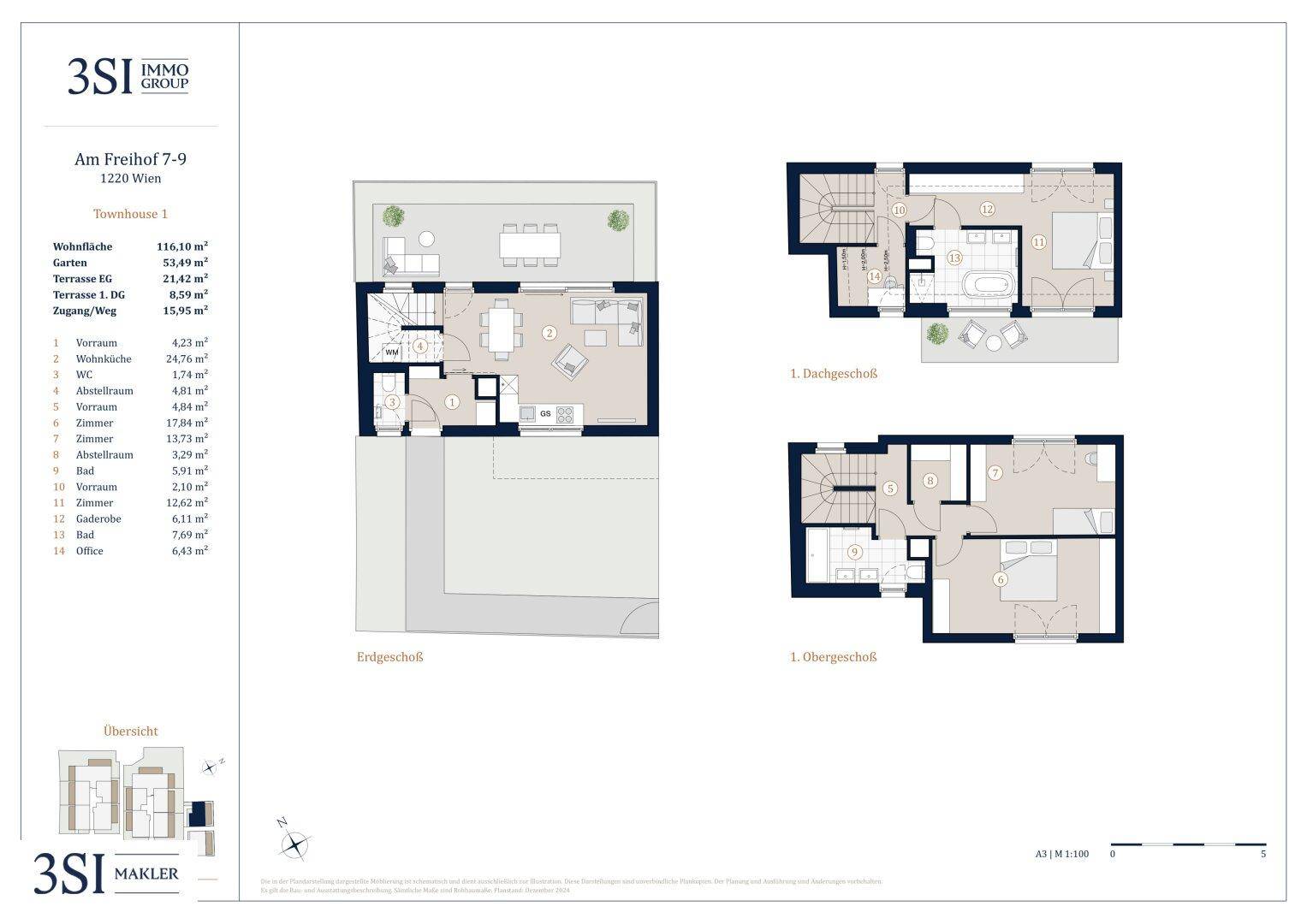 Dieser Grundriss zeigt ein dreistöckiges Stadthaus mit offenem Wohnbereich, mehreren Schlafzimmern, Bädern und privaten Außenbereichen wie Garten und Dachterrasse.