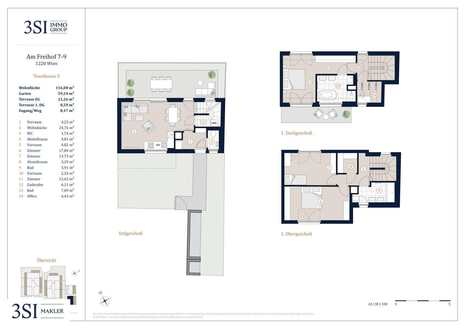 Grundrissplan eines modernen Reihenhauses über drei Etagen mit offenem Wohnbereich, Garten, zwei Terrassen und Balkon.