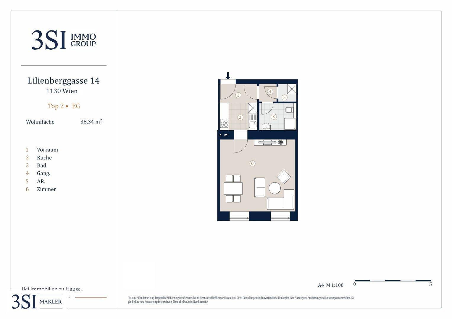 Grundriss für eine Wohnung im Erdgeschoss mit 38,34 m² Wohnfläche.
