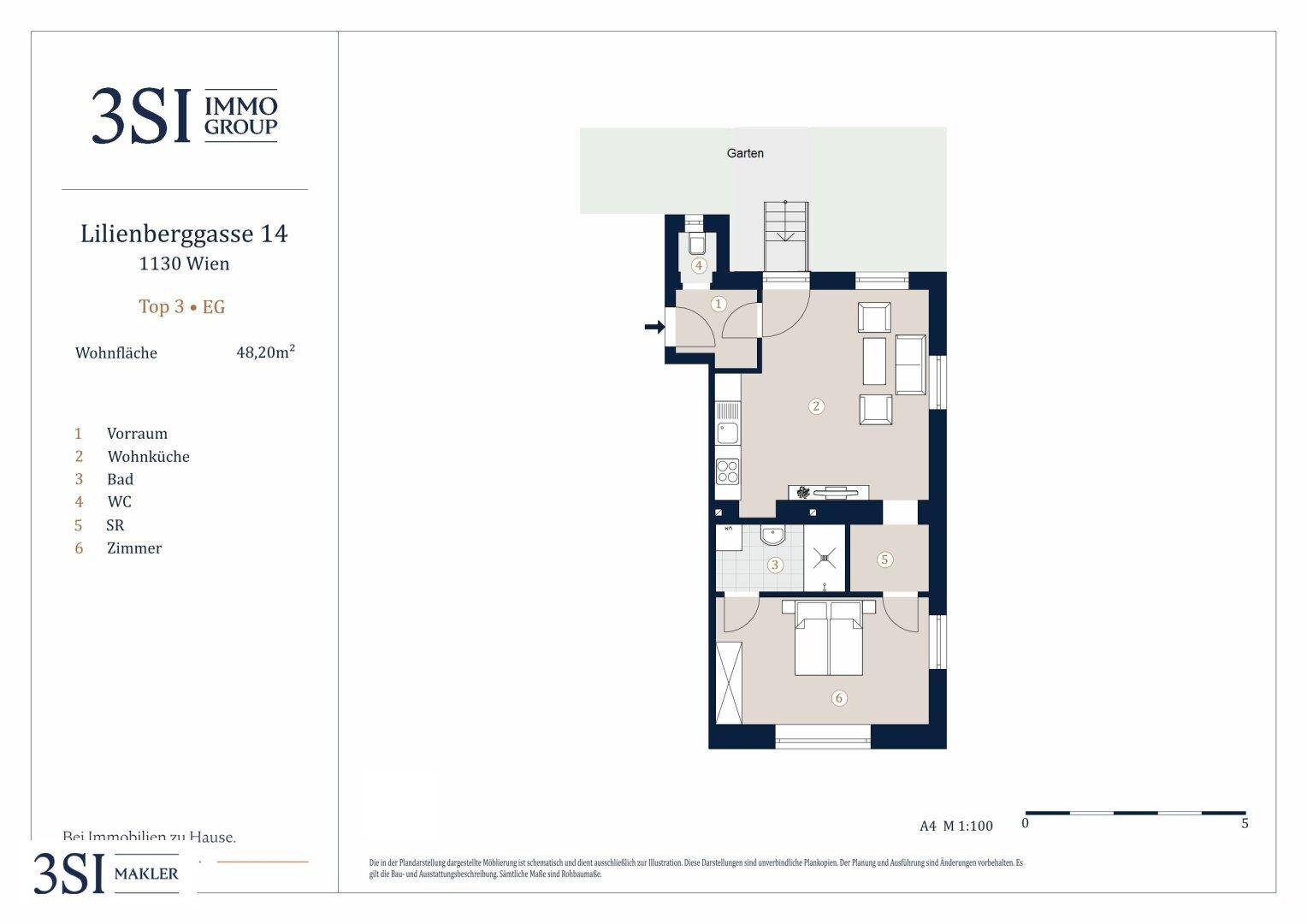 Grundriss für eine Erdgeschosswohnung mit 48,20 m² Wohnfläche und Garten.