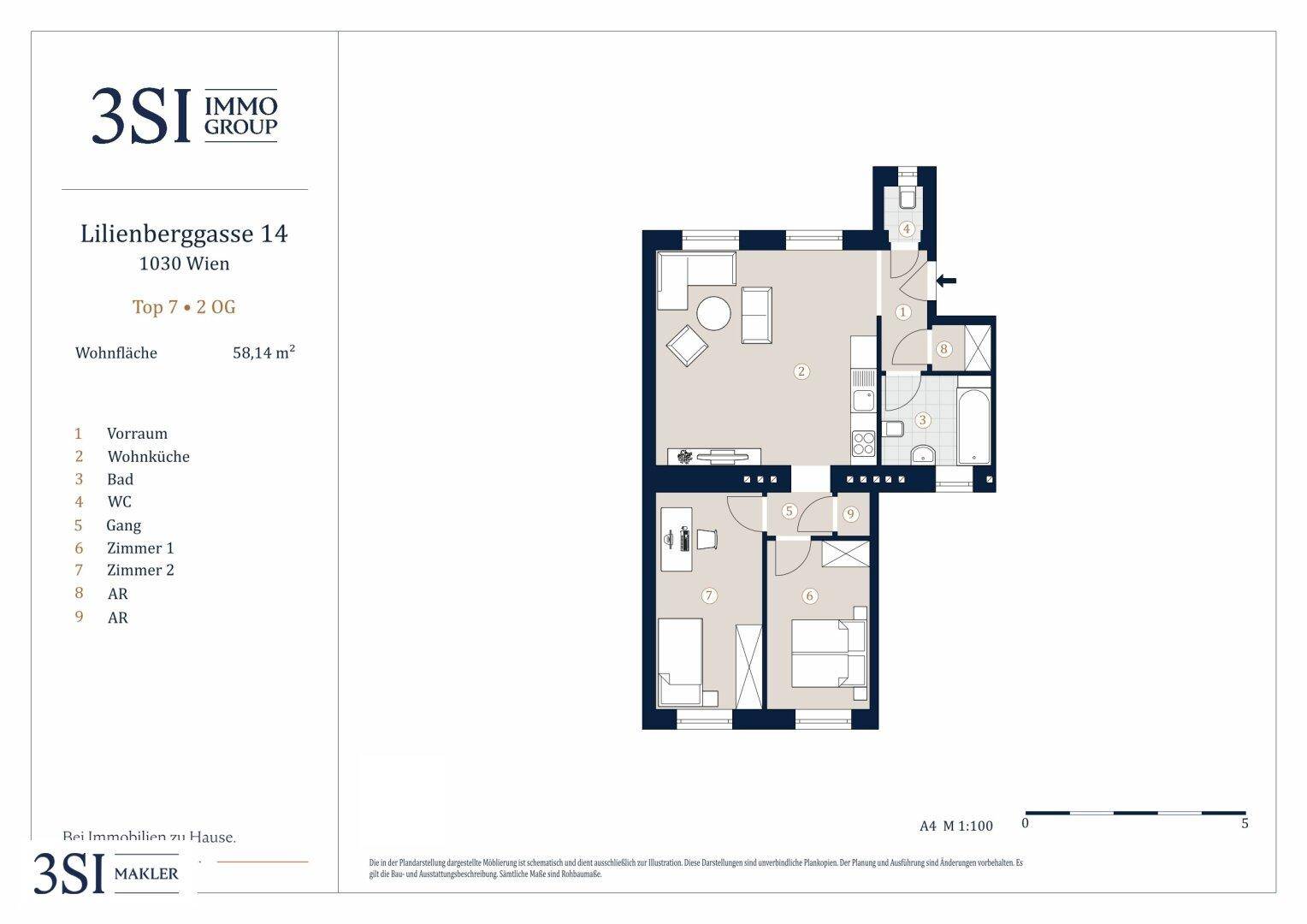 Grundriss für eine Wohnung im zweiten Obergeschoss mit 58,14 m² Wohnfläche.