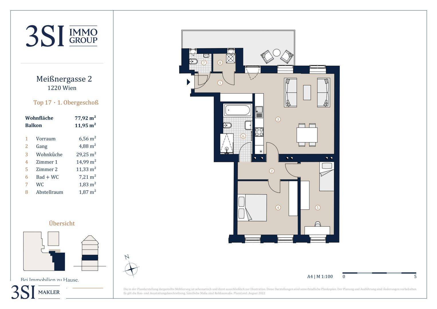 Detaillierter Grundriss einer Wohnung mit offenem Wohnbereich, zwei Schlafzimmern und einem Balkon.