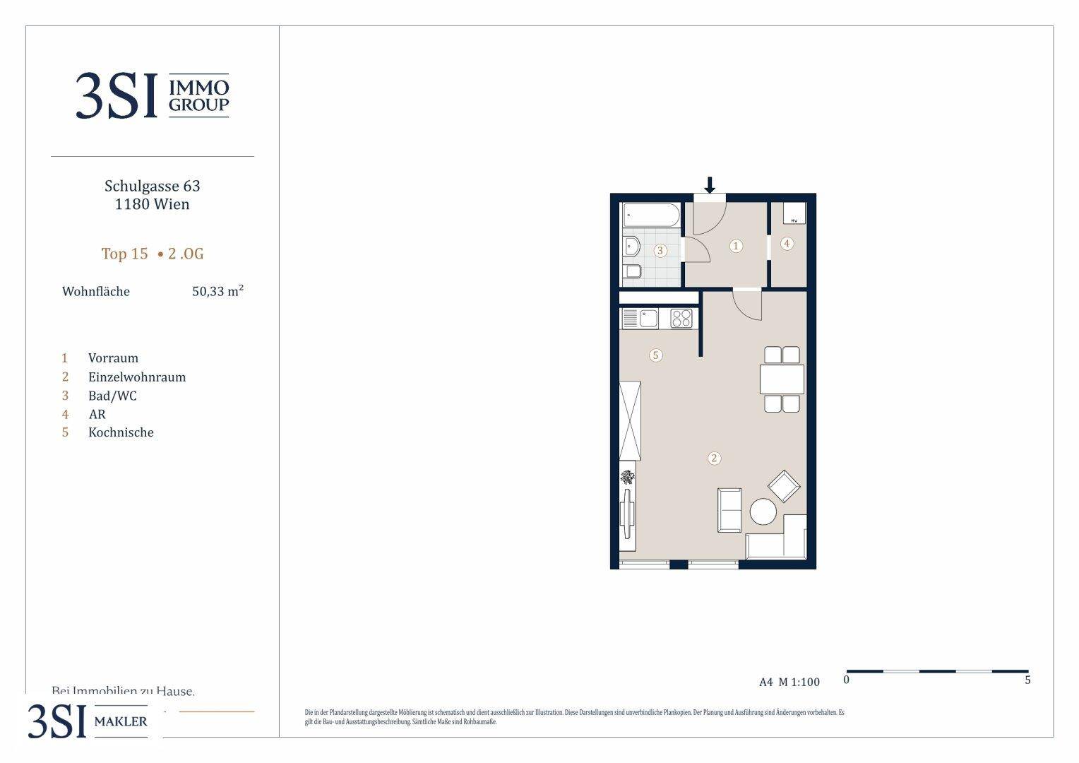 Grundriss einer 50,33 m² großen Wohnung mit einem Wohnraum, Bad und Kochnische.