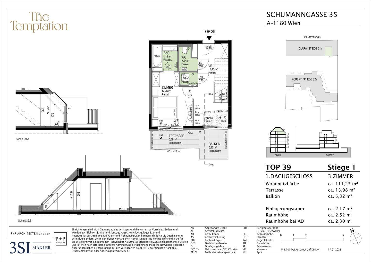 Grundriss der Dachgeschosswohnung Top 39 mit Terrasse, Balkon und einem Zimmer.