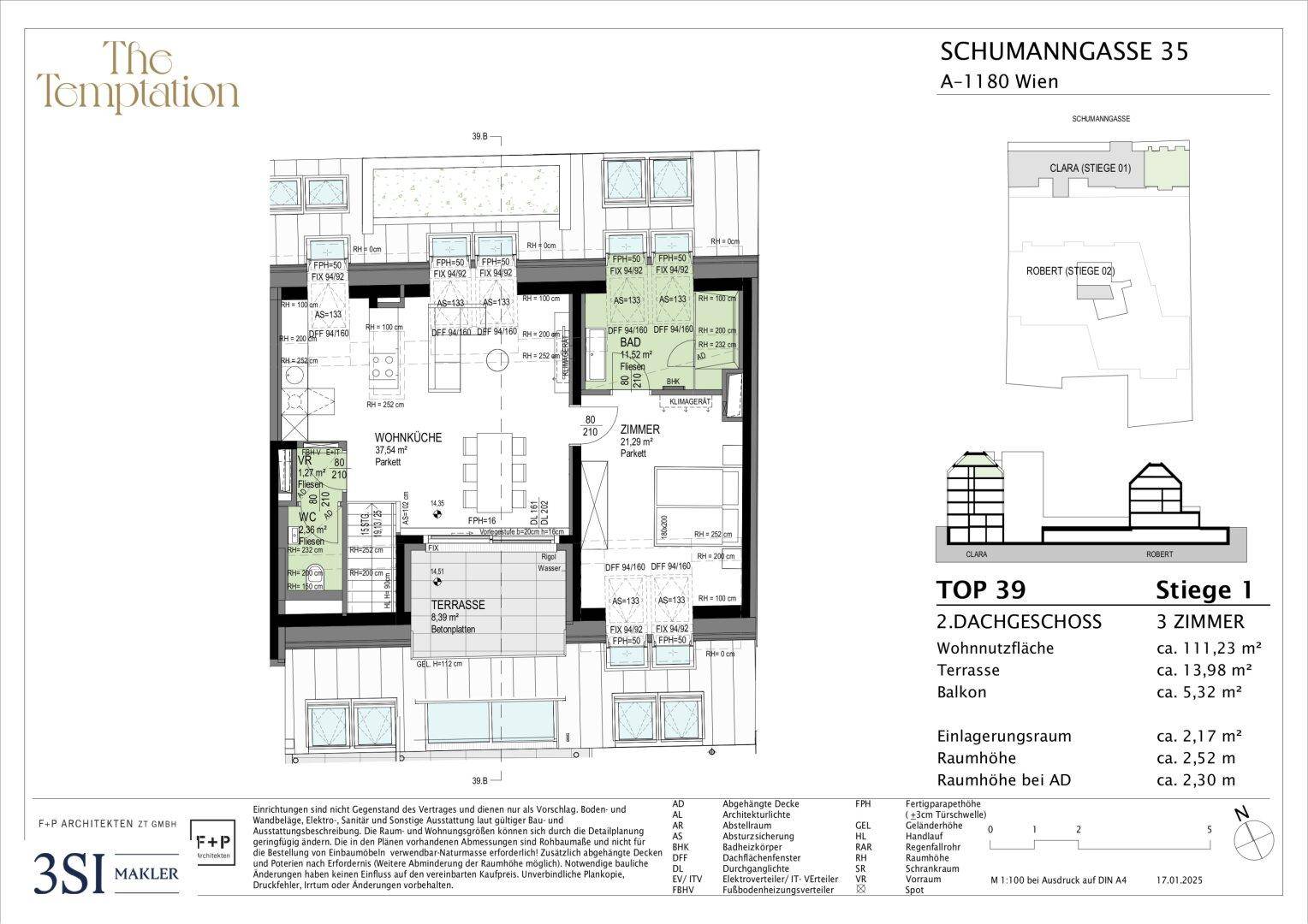 Grundriss der Dachgeschosswohnung Top 39 mit Wohnküche, Zimmer und großer Terrasse.