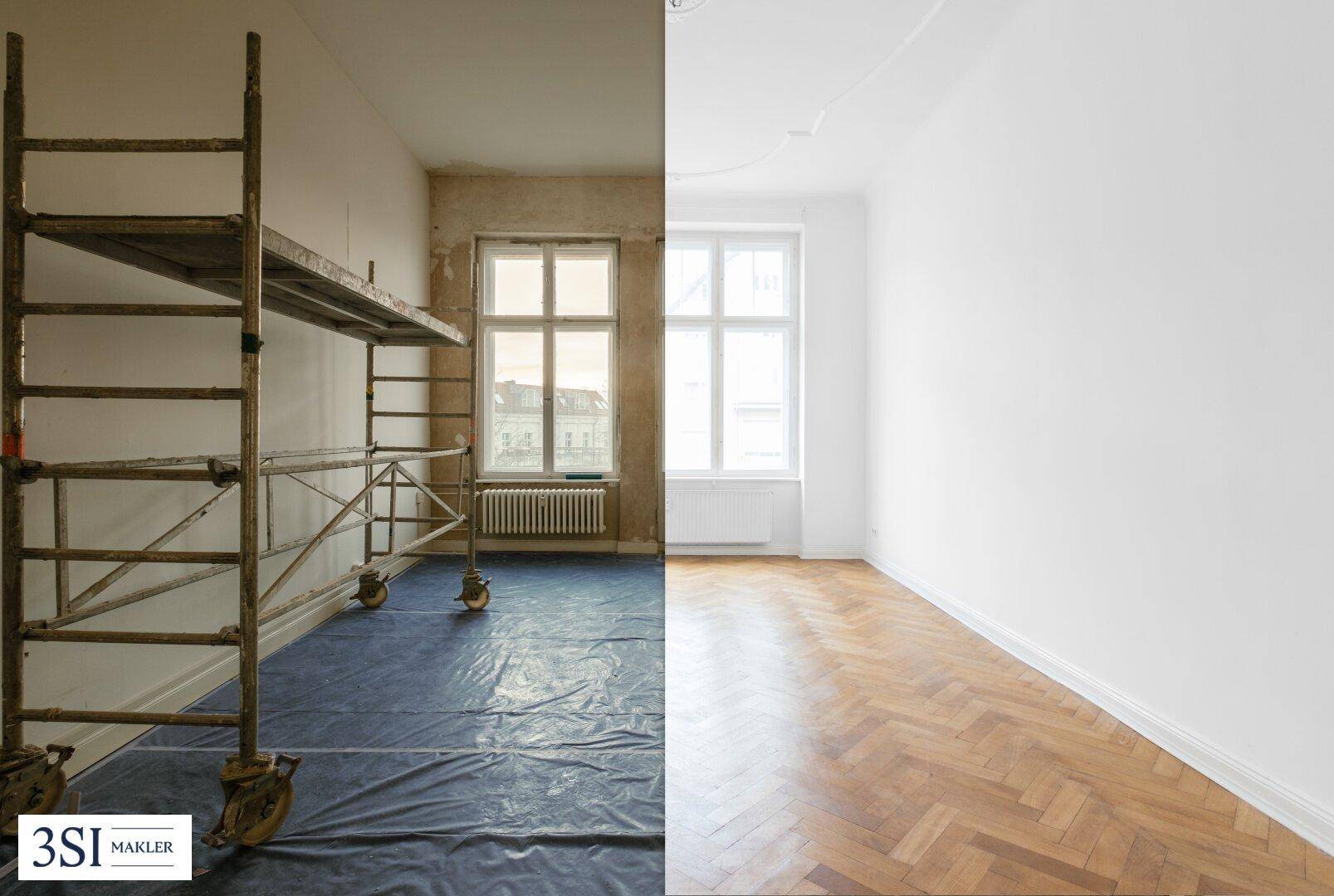 Vergleich eines Raumes vor und nach der Renovierung mit neuem Fischgrätparkett.