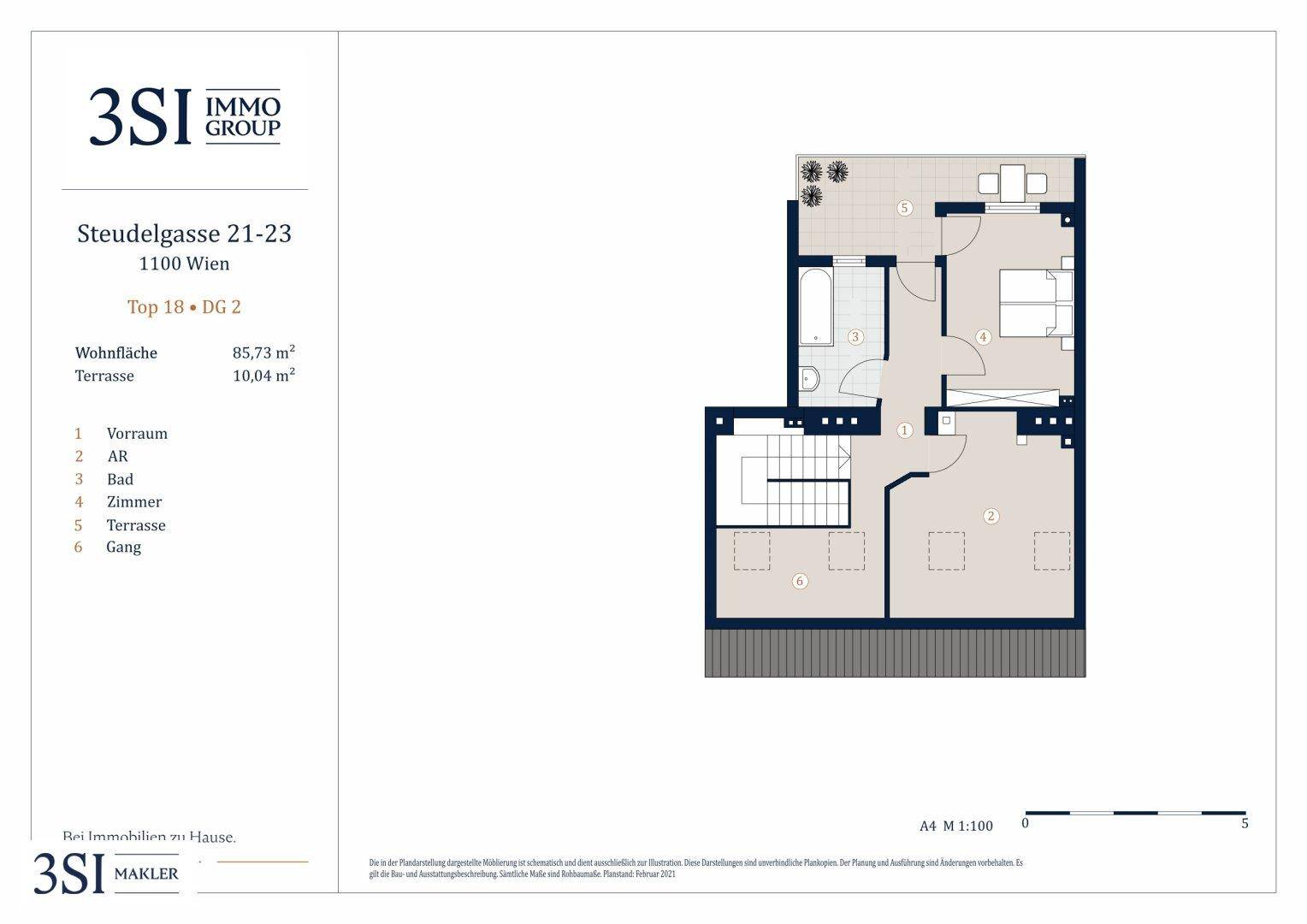 Grundriss des zweiten Dachgeschosses mit Schlafzimmern, Badezimmer, Abstellraum und einer weiteren Terrasse.