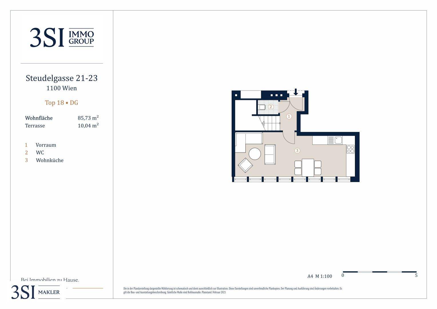 Grundriss des Dachgeschosses mit offenem Wohnküchenbereich, separatem WC und Zugang zur Terrasse.