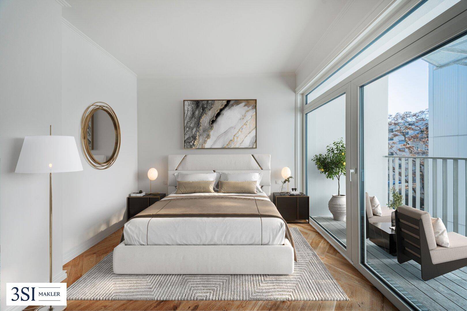 Helles Schlafzimmer mit modernem Design, Holzboden und Zugang zu einem Balkon mit Stadtblick.