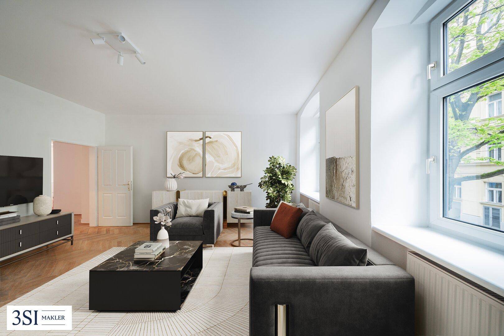 Helles, modern eingerichtetes Wohnzimmer mit Parkettboden, bequemen Sofas und großen Fenstern.