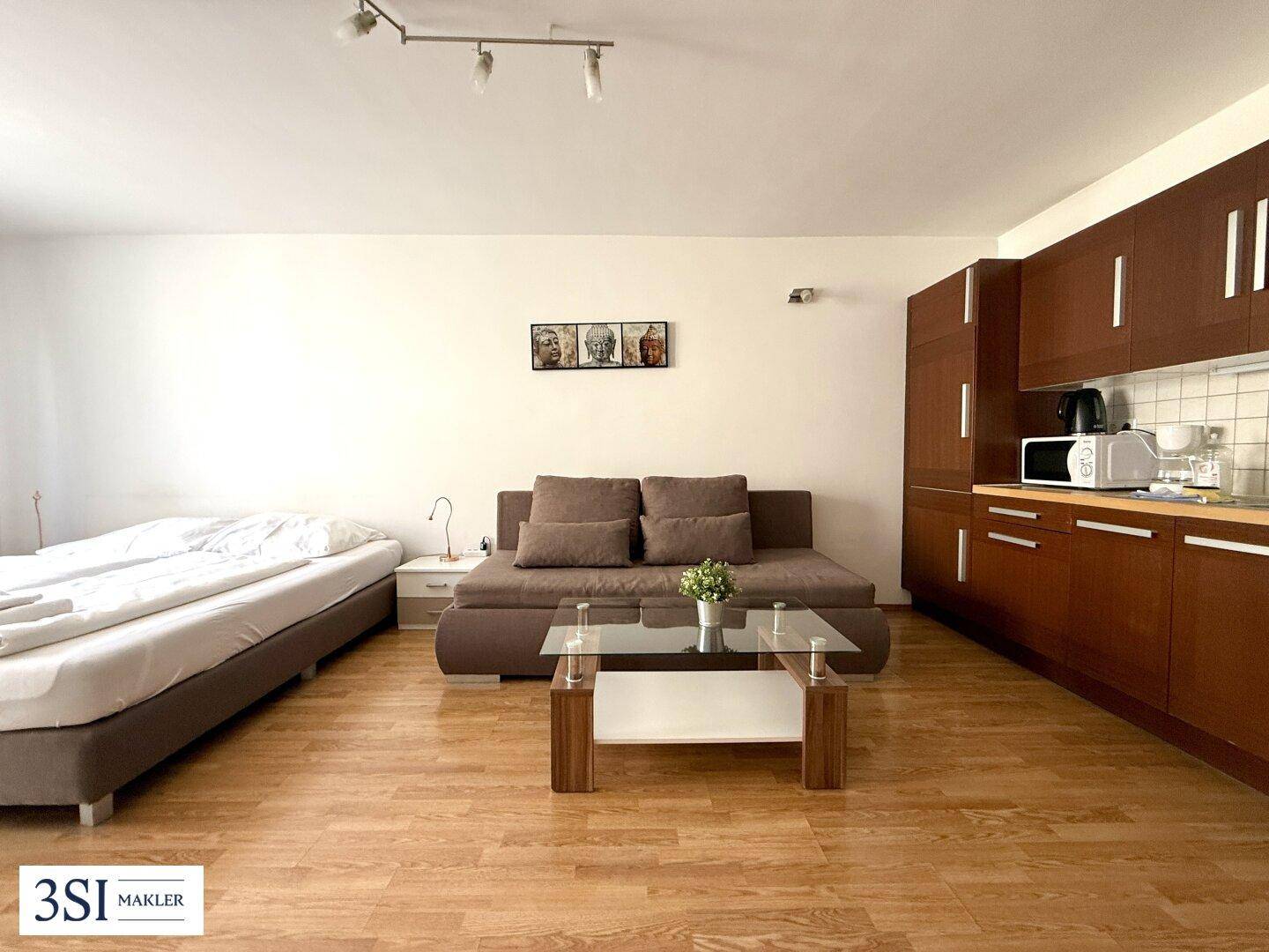 Offener Wohnbereich mit integrierter Küchenzeile, Sofa und Schlafbereich, ausgestattet mit Mikrowelle.
