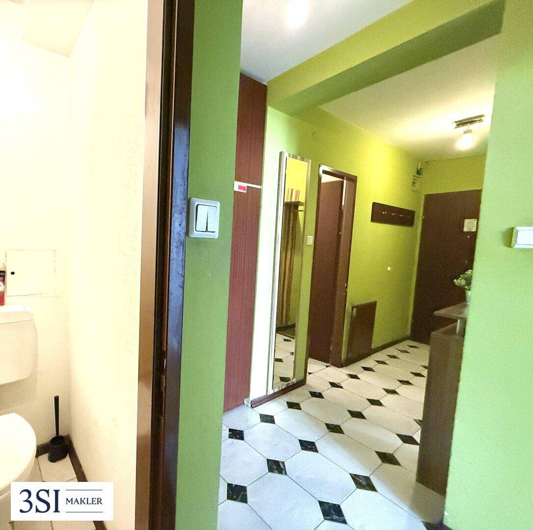 Flur mit grün gestrichenen Wänden und schwarz-weiß gefliestem Boden, angrenzend an eine Toilette.