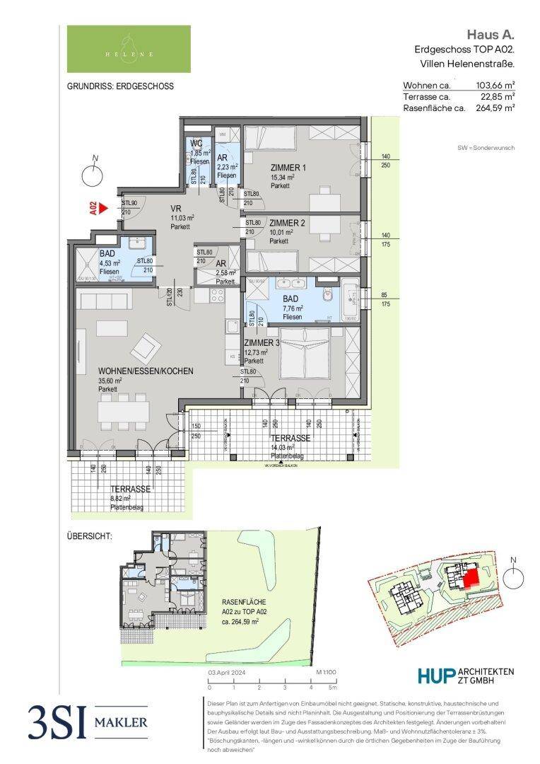 Grundriss des Erdgeschosses einer Wohneinheit mit drei Schlafzimmern, großer Terrasse und Gartenfläche.