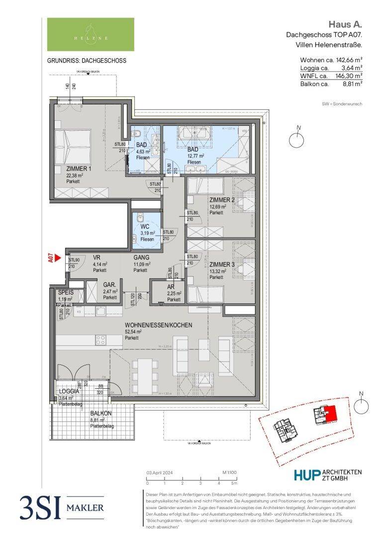 Grundriss einer Dachgeschosswohnung mit Loggia, Balkon, offenem Wohn-/Ess-/Kochbereich und Speisekammer.