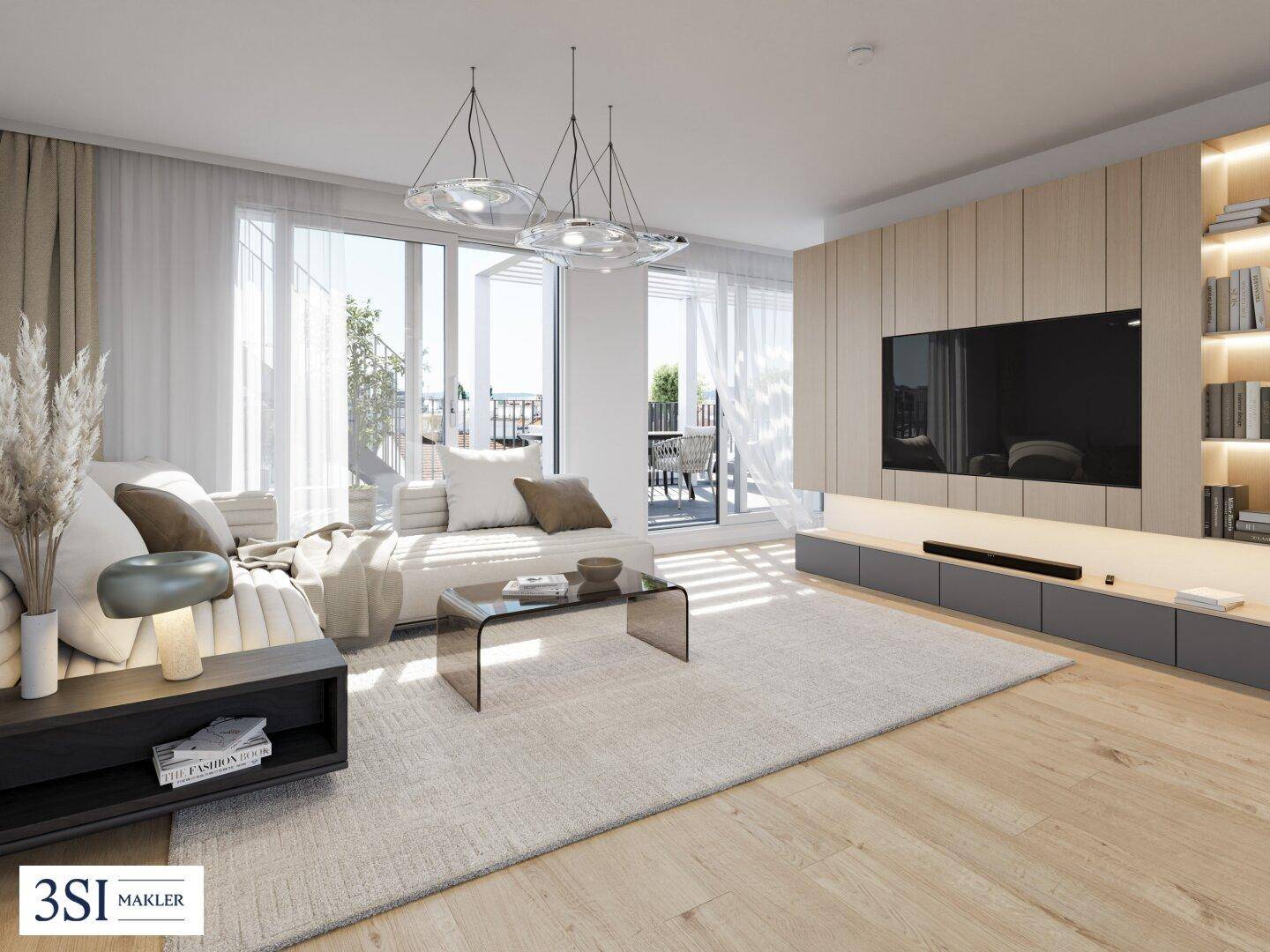 Helles, modernes Wohnzimmer mit Holzboden, großem Sofa und Zugang zur Terrasse.