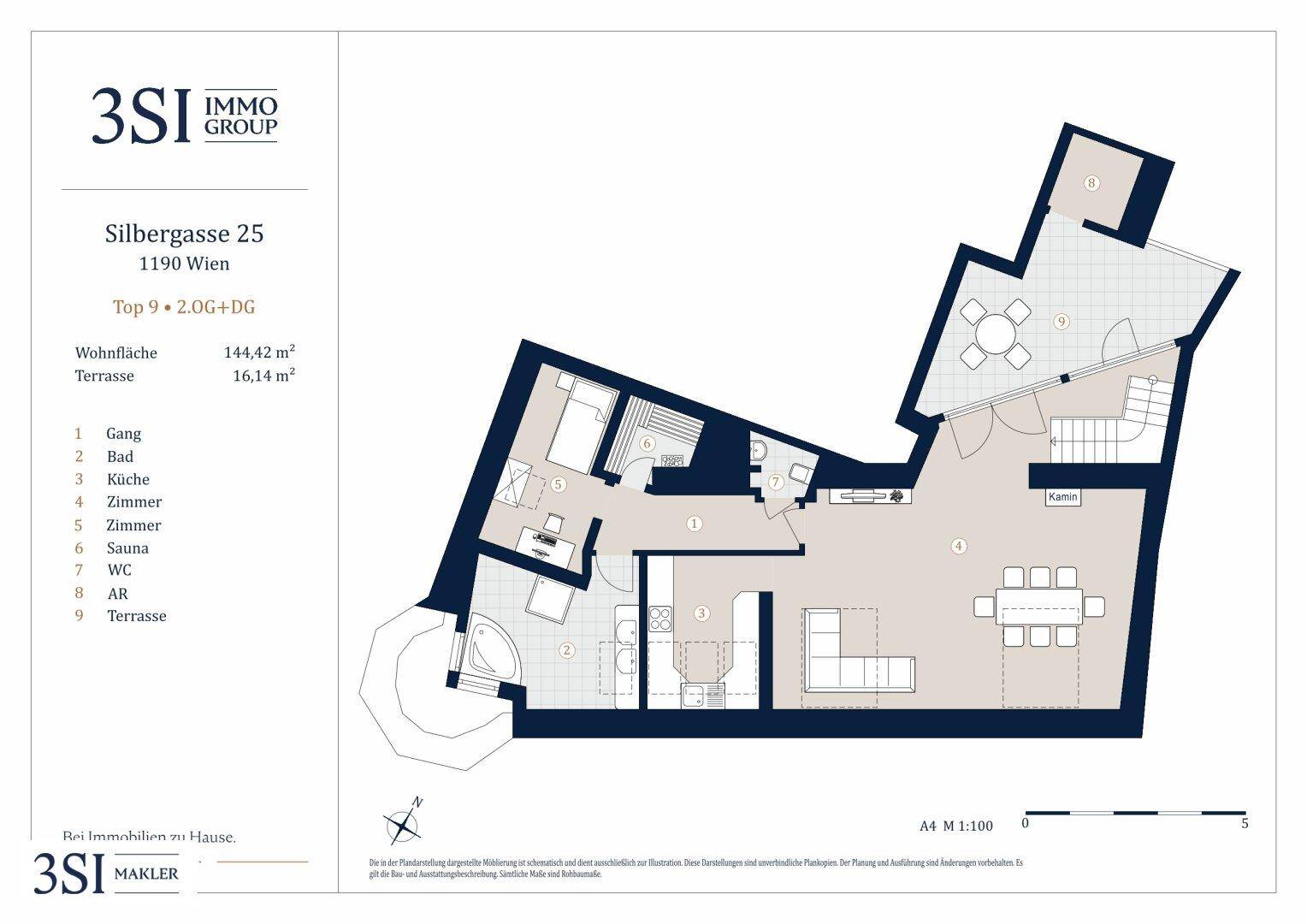 Grundriss der oberen Etage mit offenem Wohnbereich, Küche, großer Terrasse, Kamin und Sauna.
