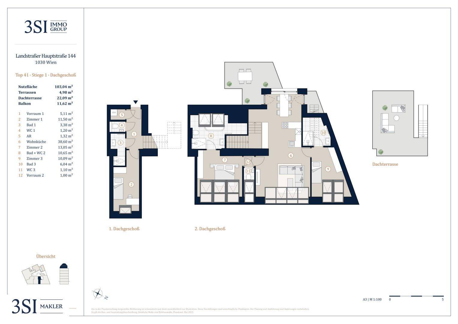 Detaillierter Grundriss einer Maisonette-Wohnung im Dachgeschoss mit zwei Ebenen und Dachterrasse.