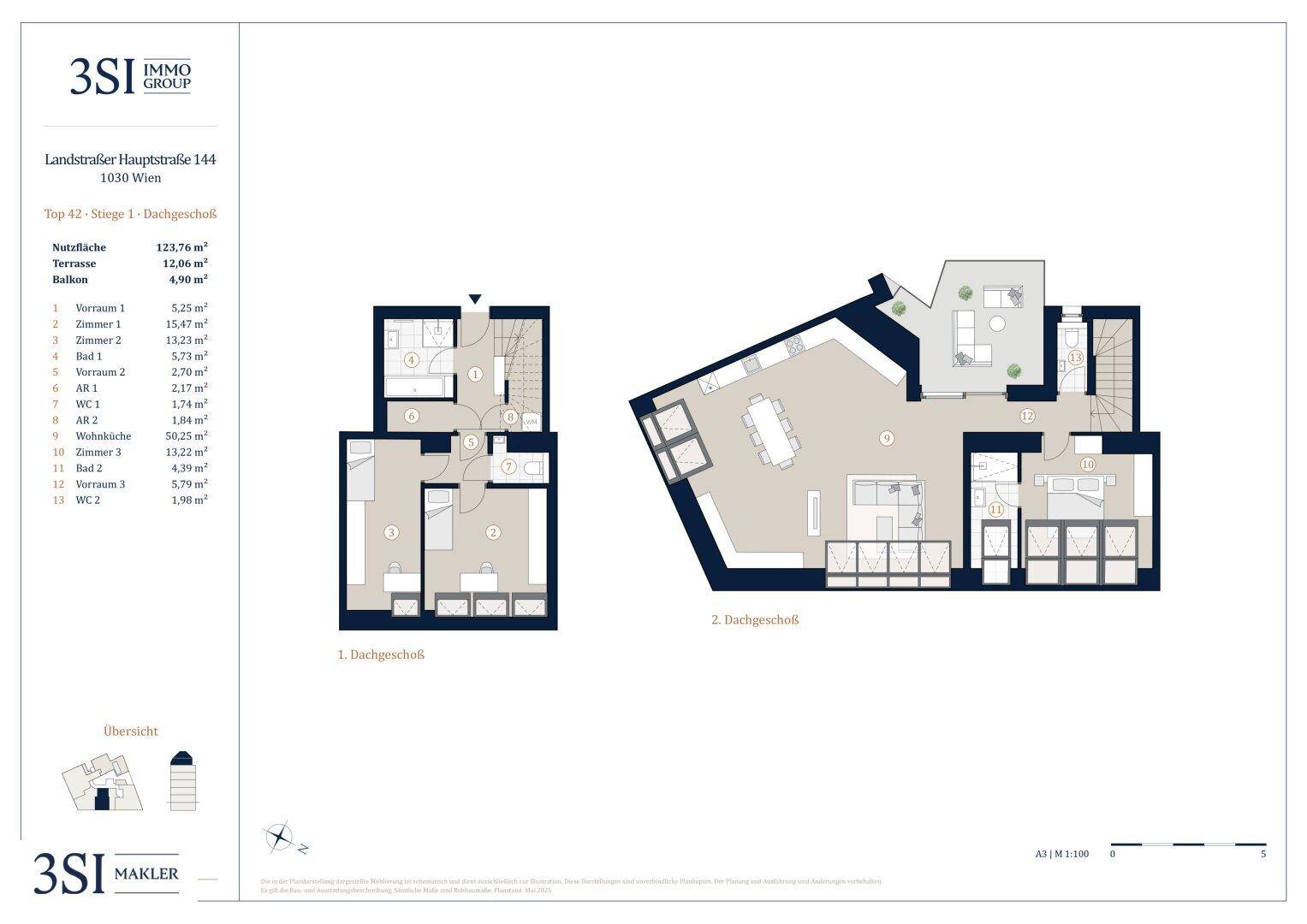 Grundriss einer Maisonette-Wohnung im Dachgeschoss mit zwei Ebenen, Terrasse und Balkon.