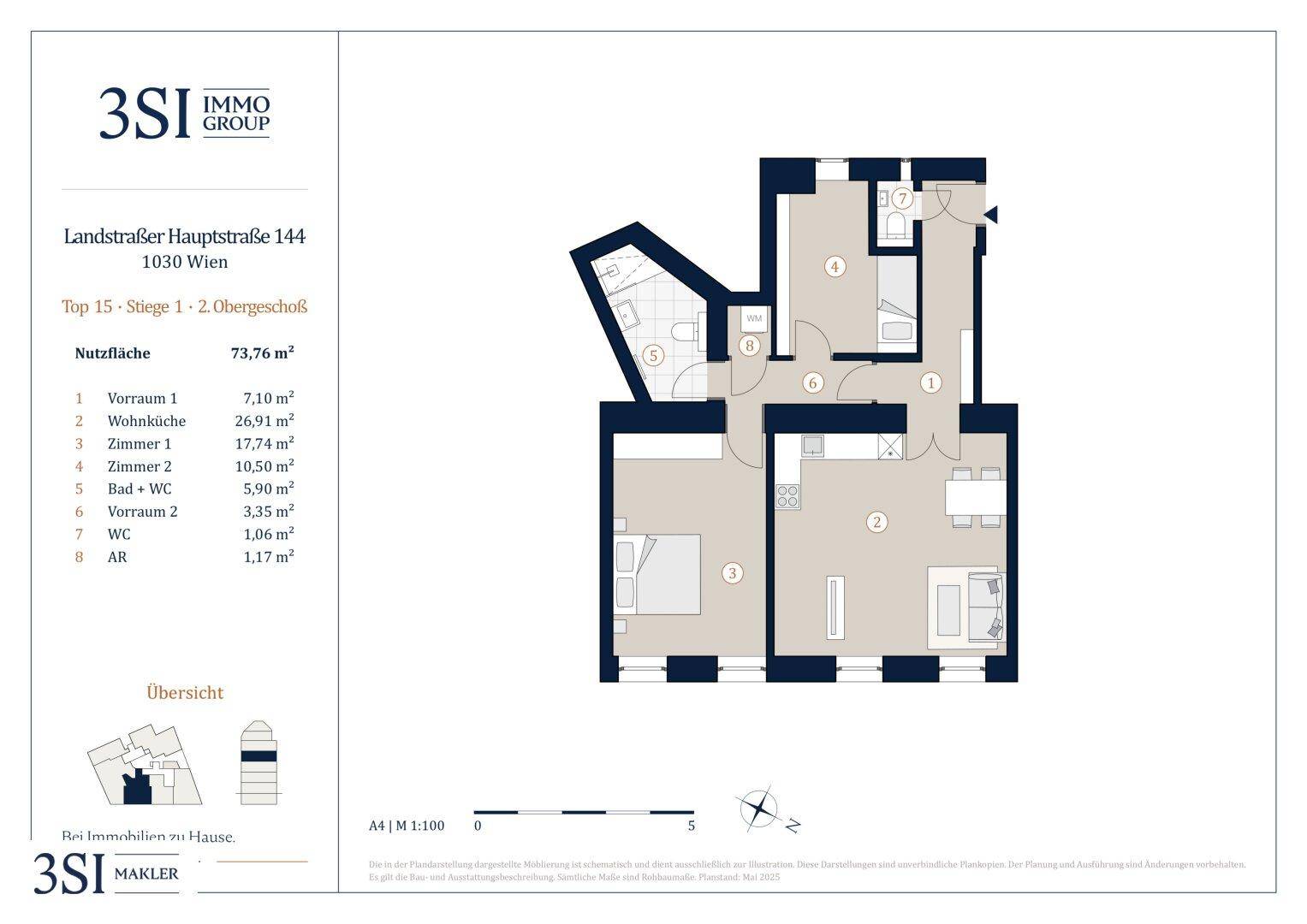 Detaillierter Grundriss einer Wohnung mit mehreren Zimmern und Nutzflächenangaben.