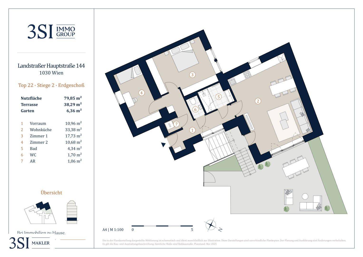 Detaillierter Grundriss einer Wohnung mit mehreren Zimmern, Terrasse und Garten.