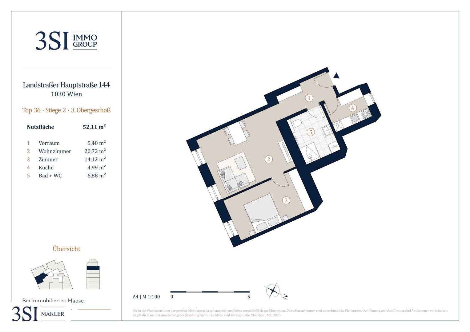 Grundriss der Wohnung mit 52,11 m² und einer klaren Raumaufteilung.