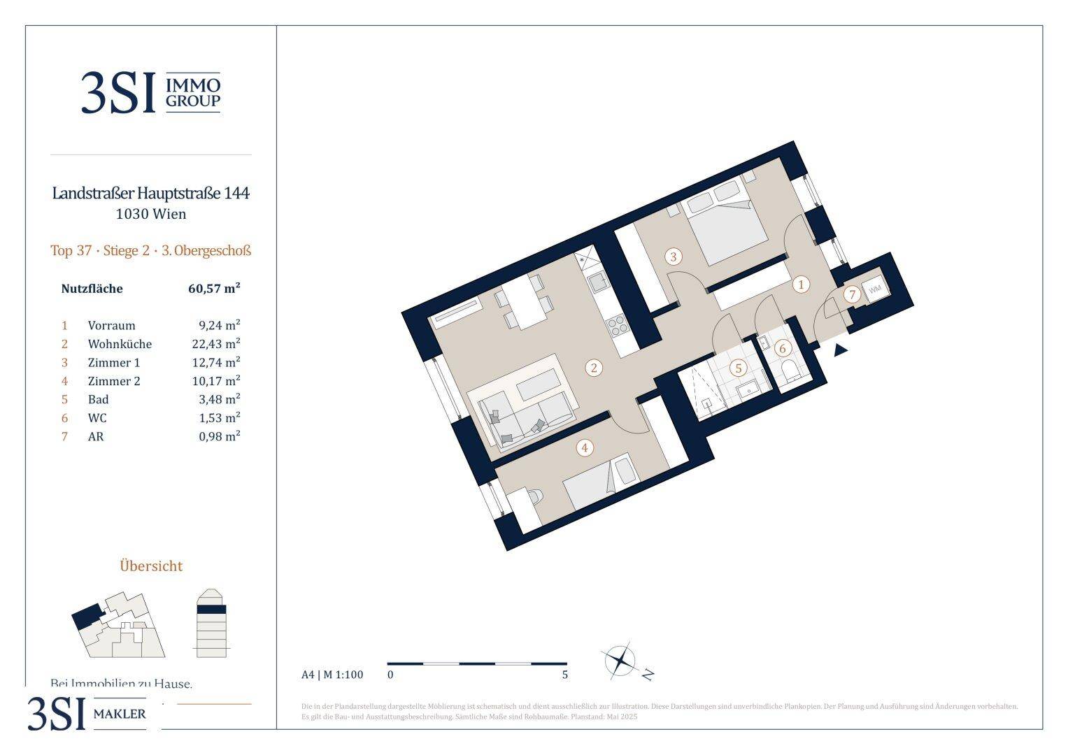 Grundriss einer Wohnung mit offenem Wohnbereich, zwei Schlafzimmern und einem Balkon.