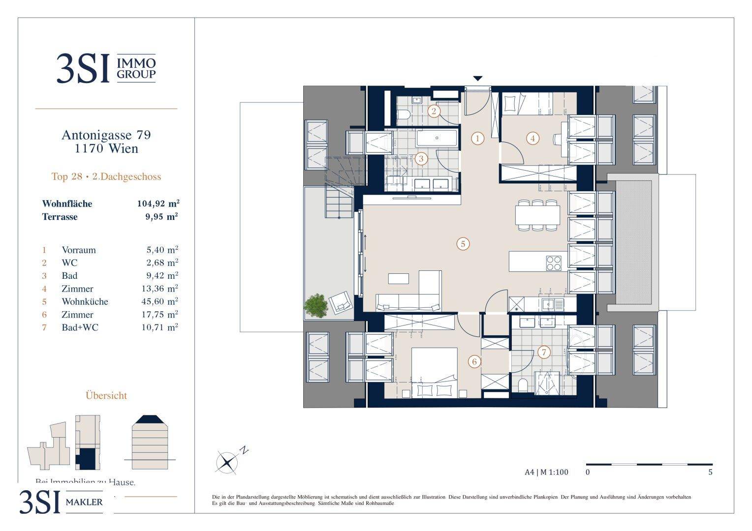 Grundriss des 2. Dachgeschosses mit offener Wohnküche, zwei Schlafzimmern, zwei Bädern und einer Terrasse.