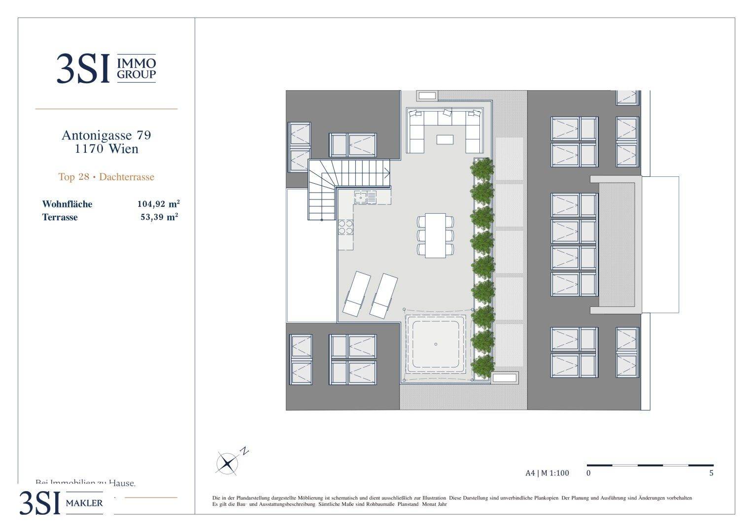 Grundriss der großzügigen Dachterrasse mit Whirlpool, Sitzgelegenheiten und Pflanzen.