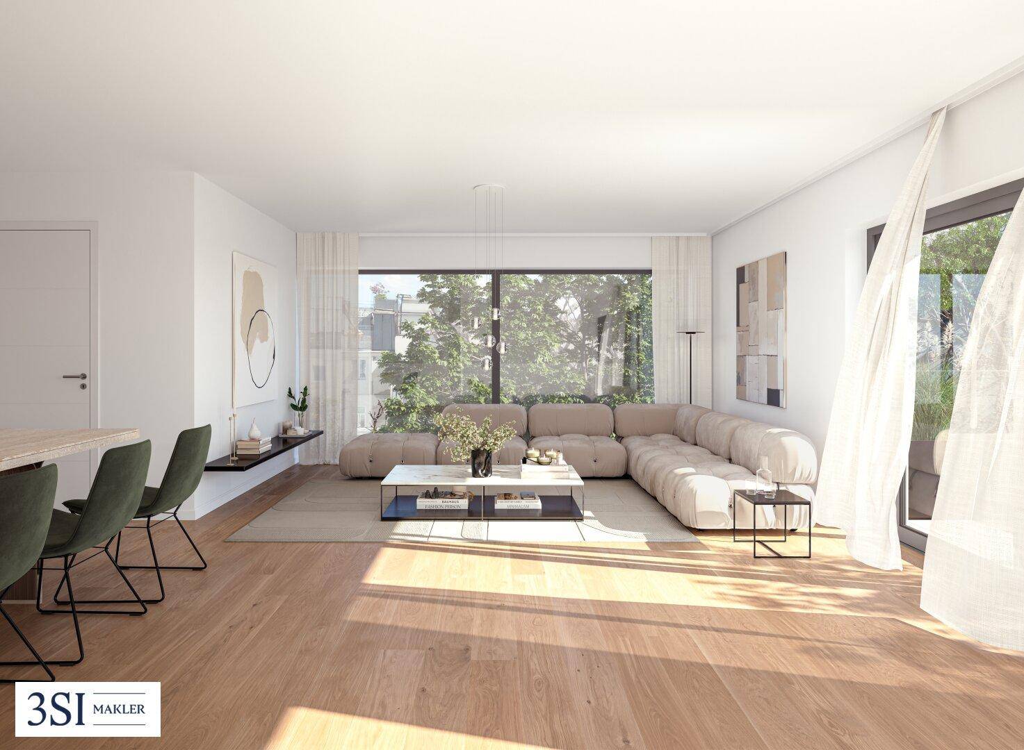 Modernes Wohnzimmer mit großen Fenstern, Holzboden und beigem Sofa, das viel Tageslicht hereinlässt.
