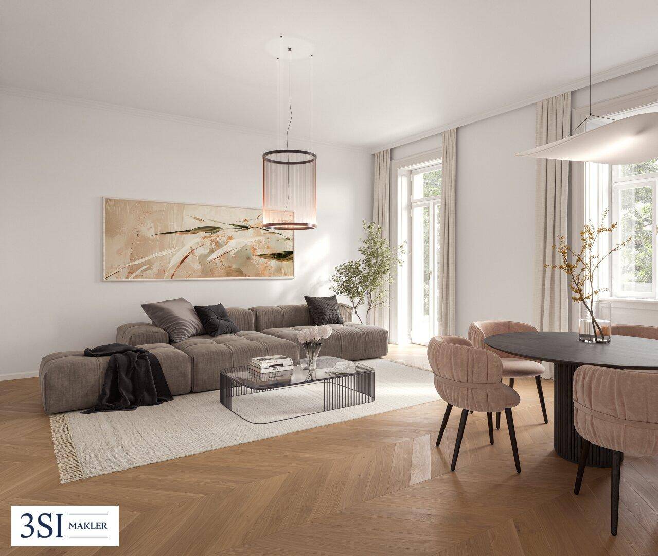 Heller Wohn- und Essbereich mit Parkettboden, modernem Sofa und Esstisch, ideal für gesellige Stunden.