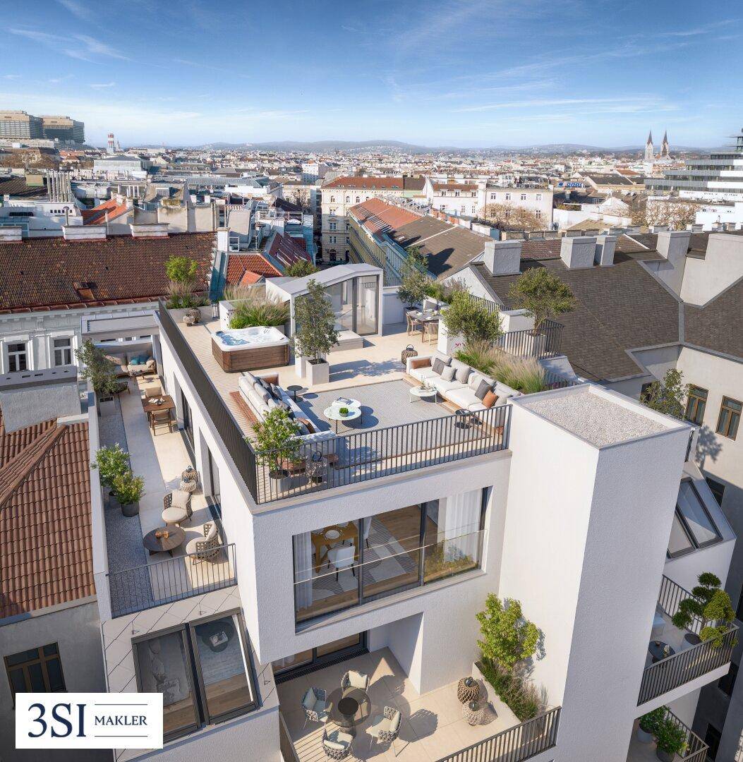 Luxuriöse Dachterrasse mit mehreren Sitzbereichen, Whirlpool und weitem Stadtblick unter blauem Himmel.