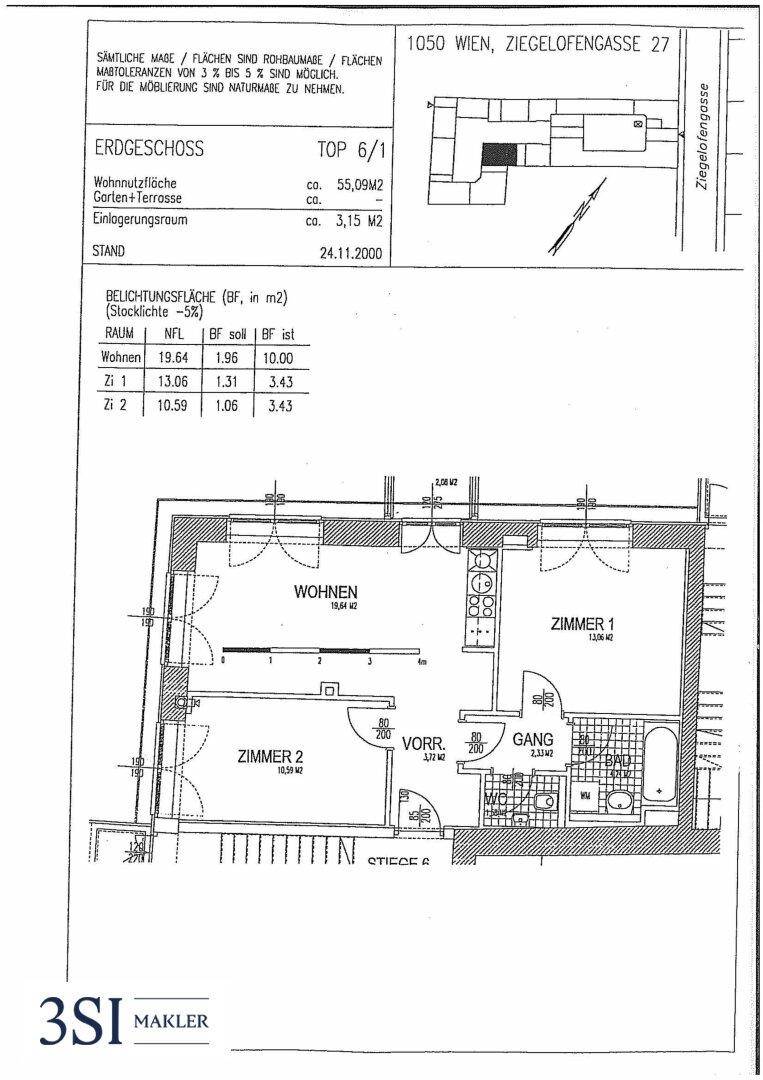 Grundriss einer Erdgeschosswohnung mit zwei Zimmern, Bad und Zugang zu einem Garten.