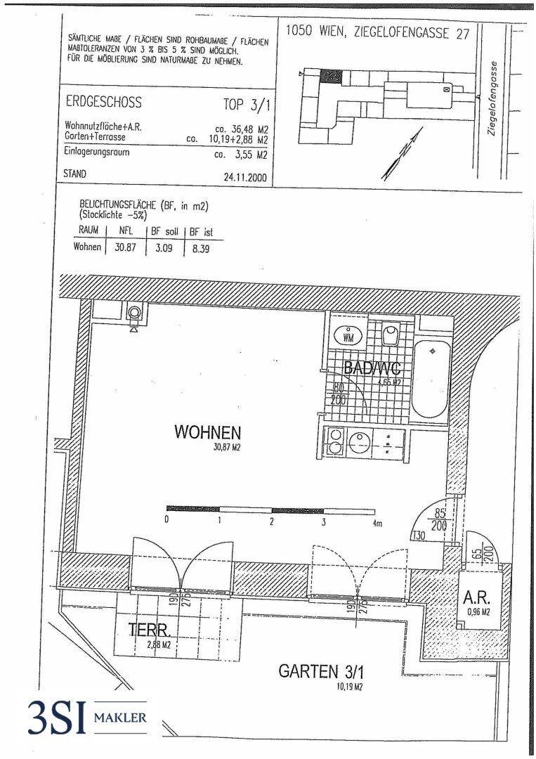 Grundriss einer Erdgeschosswohnung mit Wohnbereich, Terrasse und Gartenanteil.