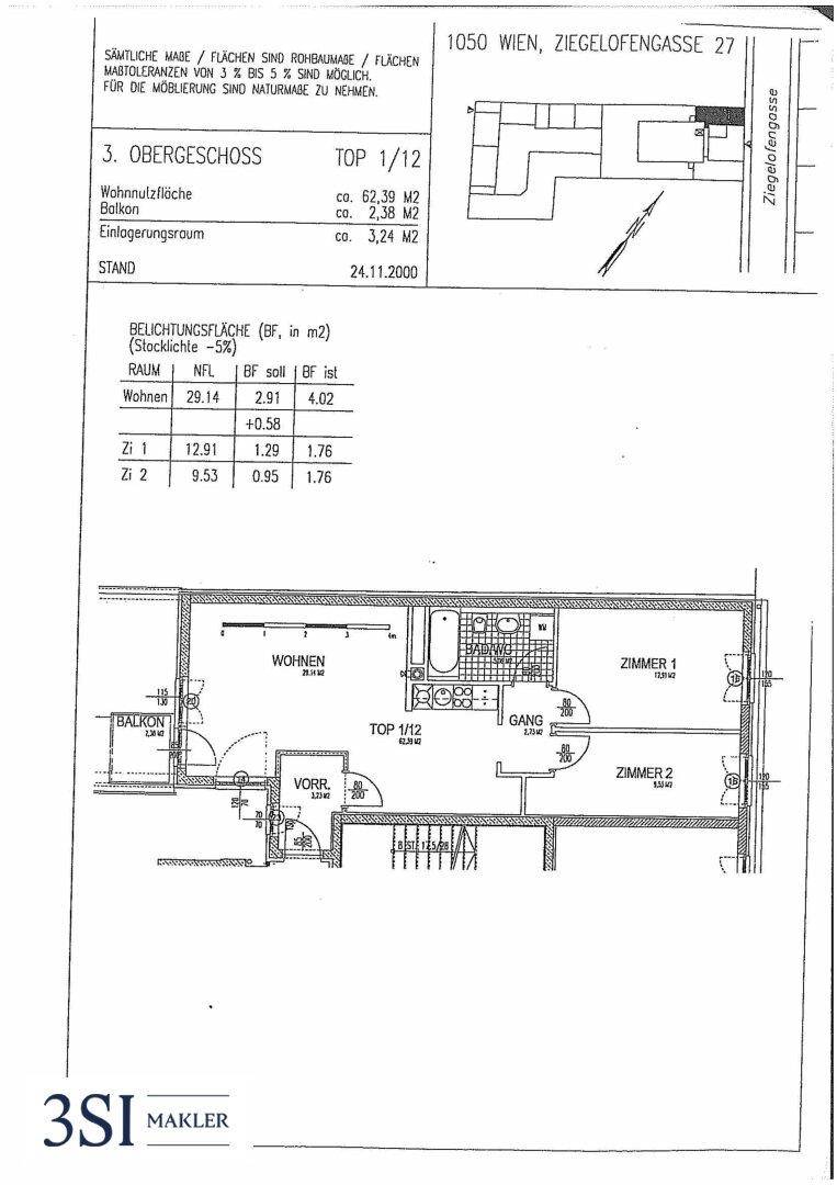 Grundriss einer Obergeschosswohnung mit zwei Zimmern, Bad und Balkon.