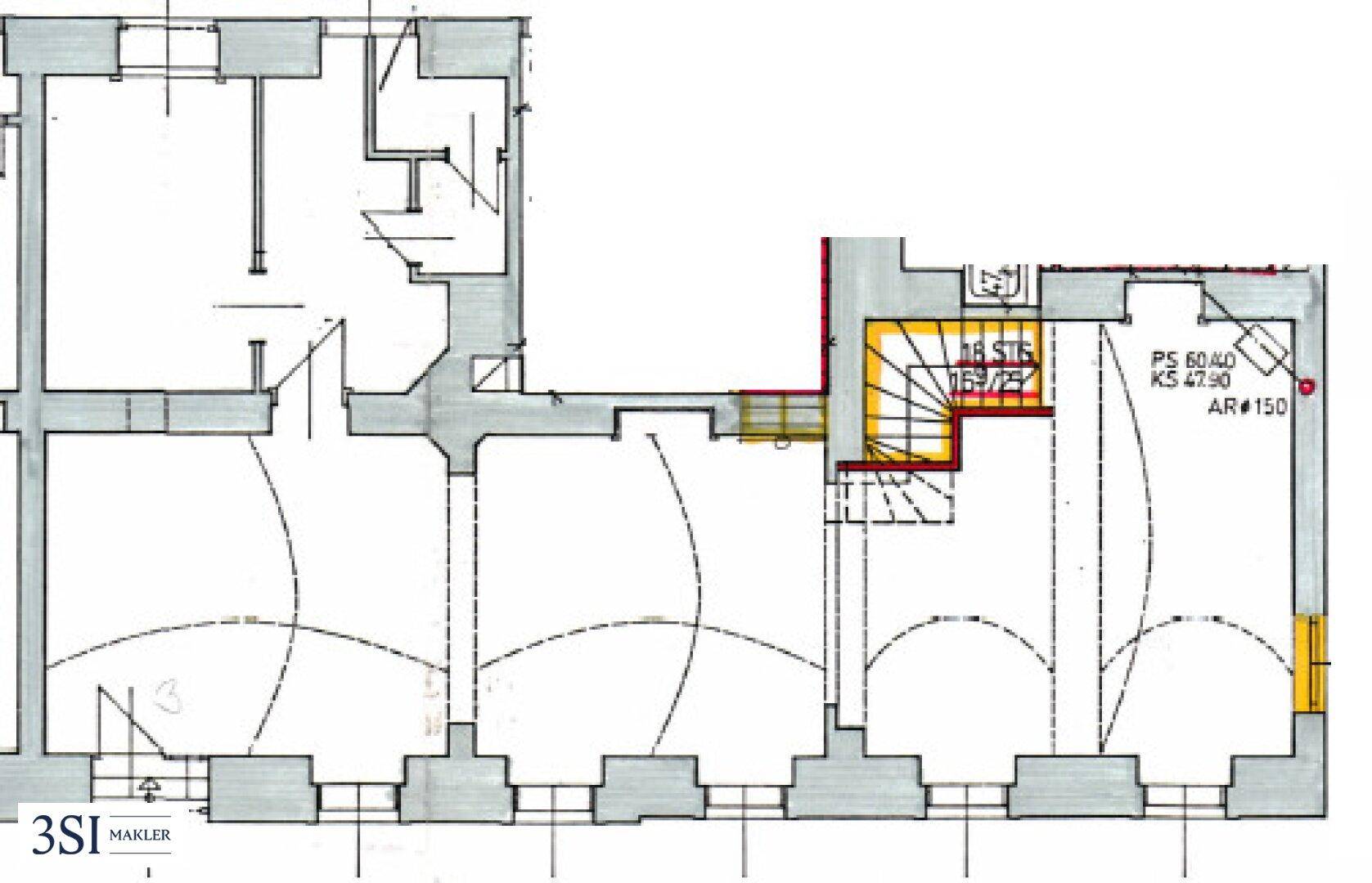 Grundrissplan zeigt eine weitläufige Raumaufteilung mit mehreren Zimmern und einem Treppenhaus.